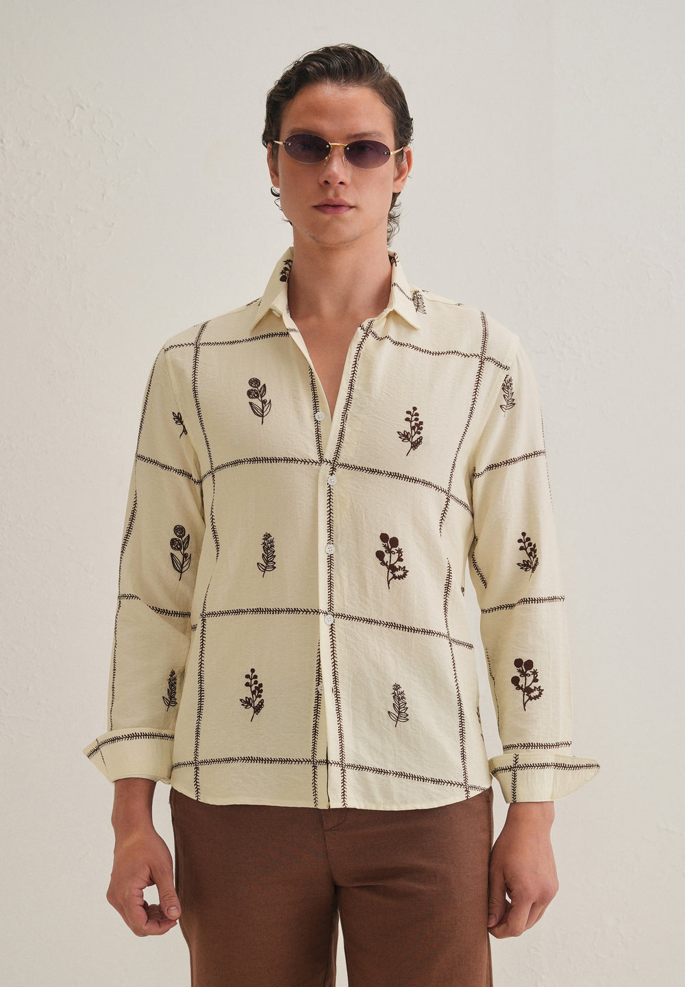 Cream Floral Grid Printed Shirt