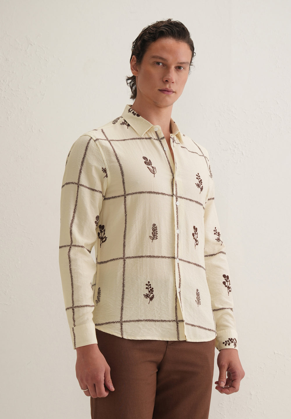 Cream Floral Grid Printed Shirt