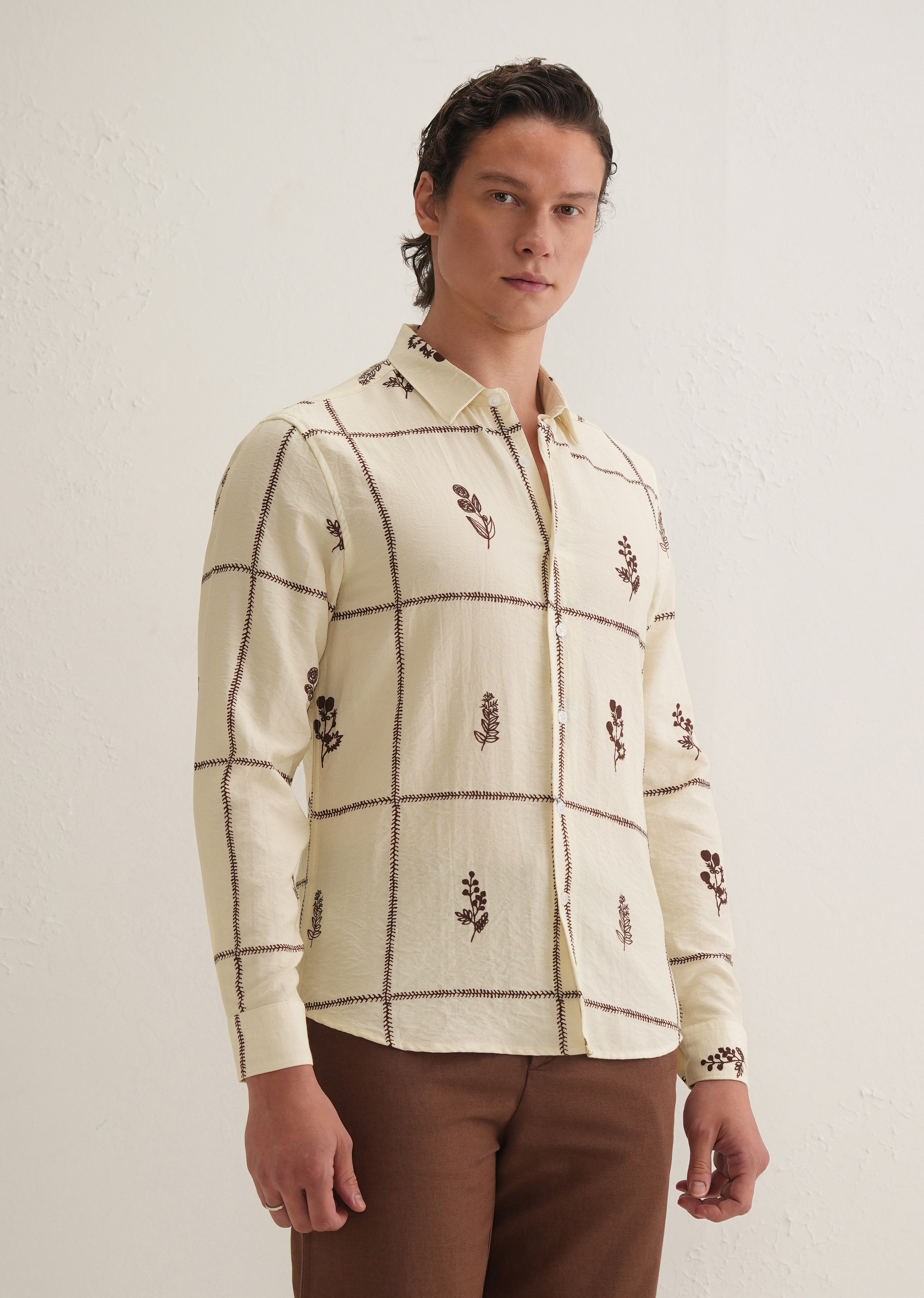 Cream Floral Grid Printed Shirt