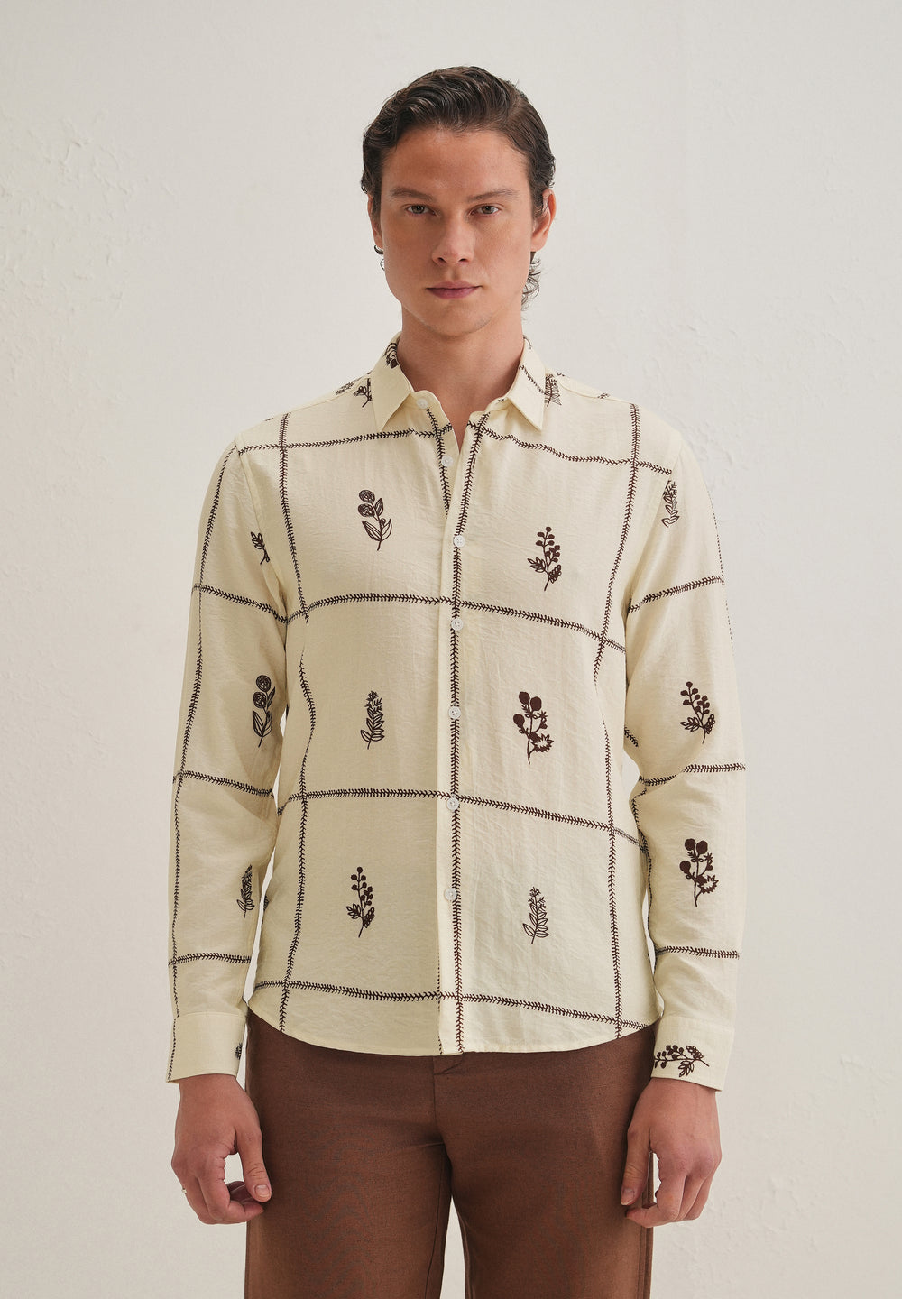 Cream Floral Grid Printed Shirt