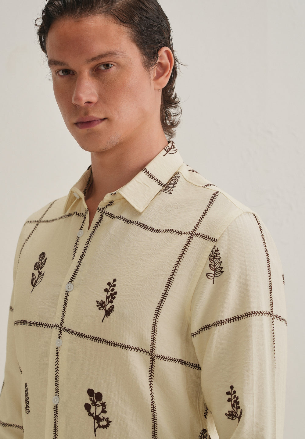 Cream Floral Grid Printed Shirt