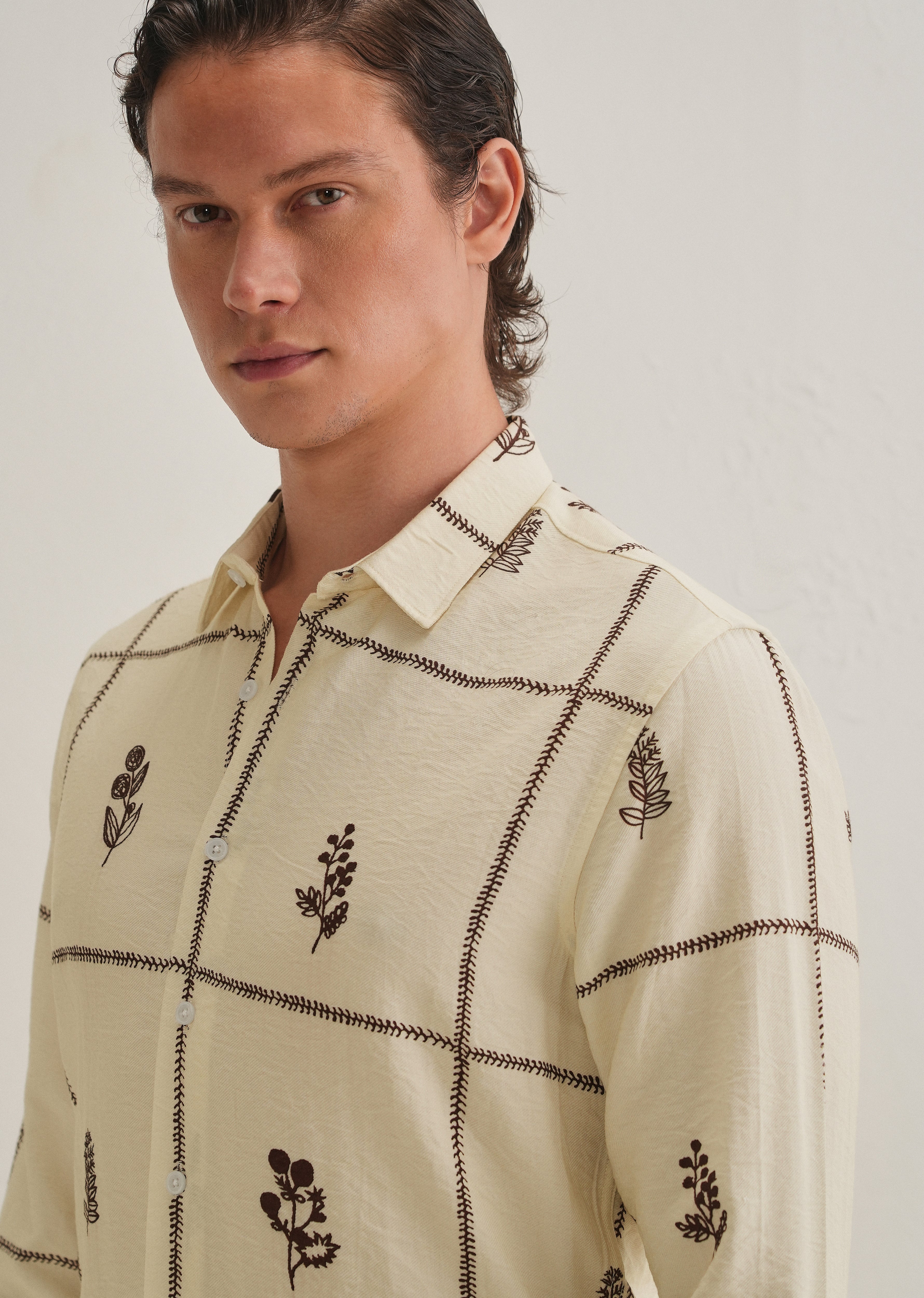 Cream Floral Grid Printed Shirt