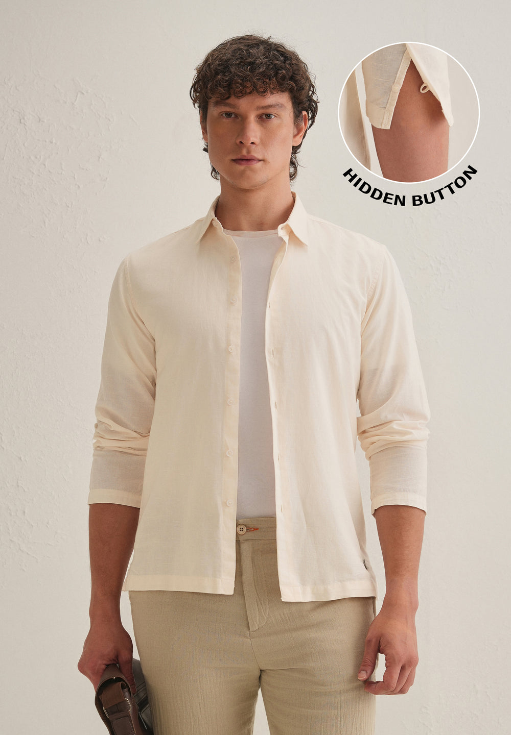 Cream Hidden Sleeve Placket Cotton Linen Shirt