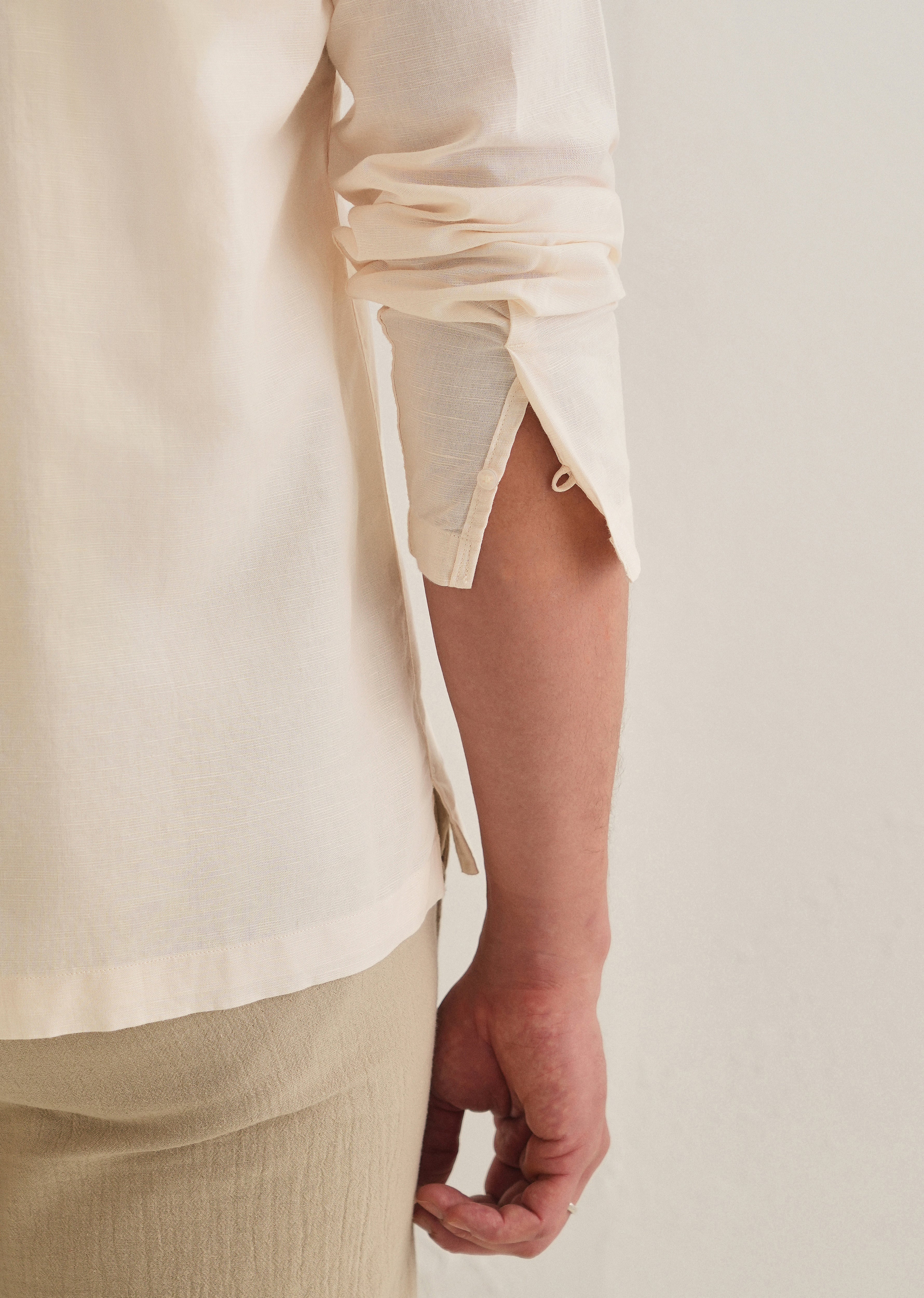 Cream Hidden Sleeve Placket Cotton Linen Shirt