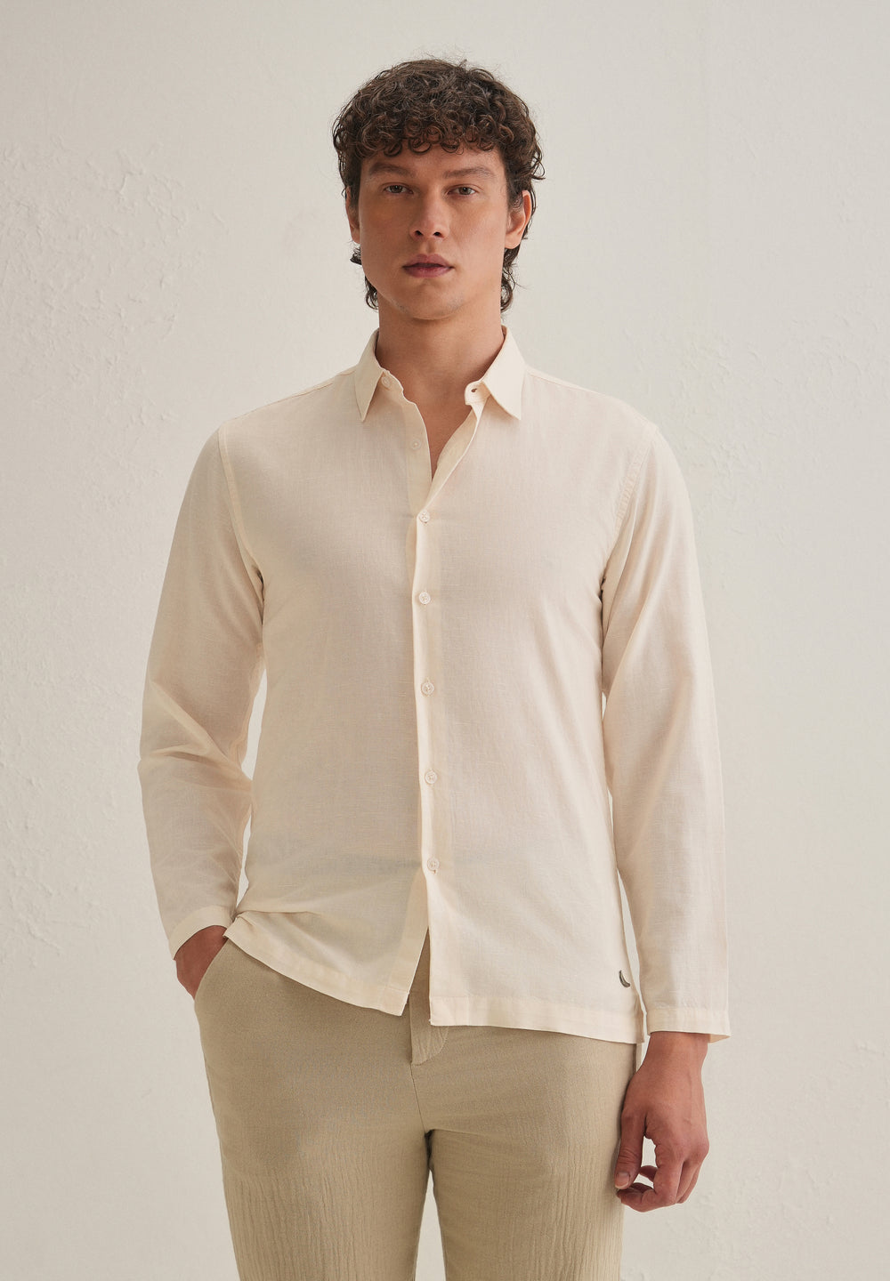 Cream Hidden Sleeve Placket Cotton Linen Shirt
