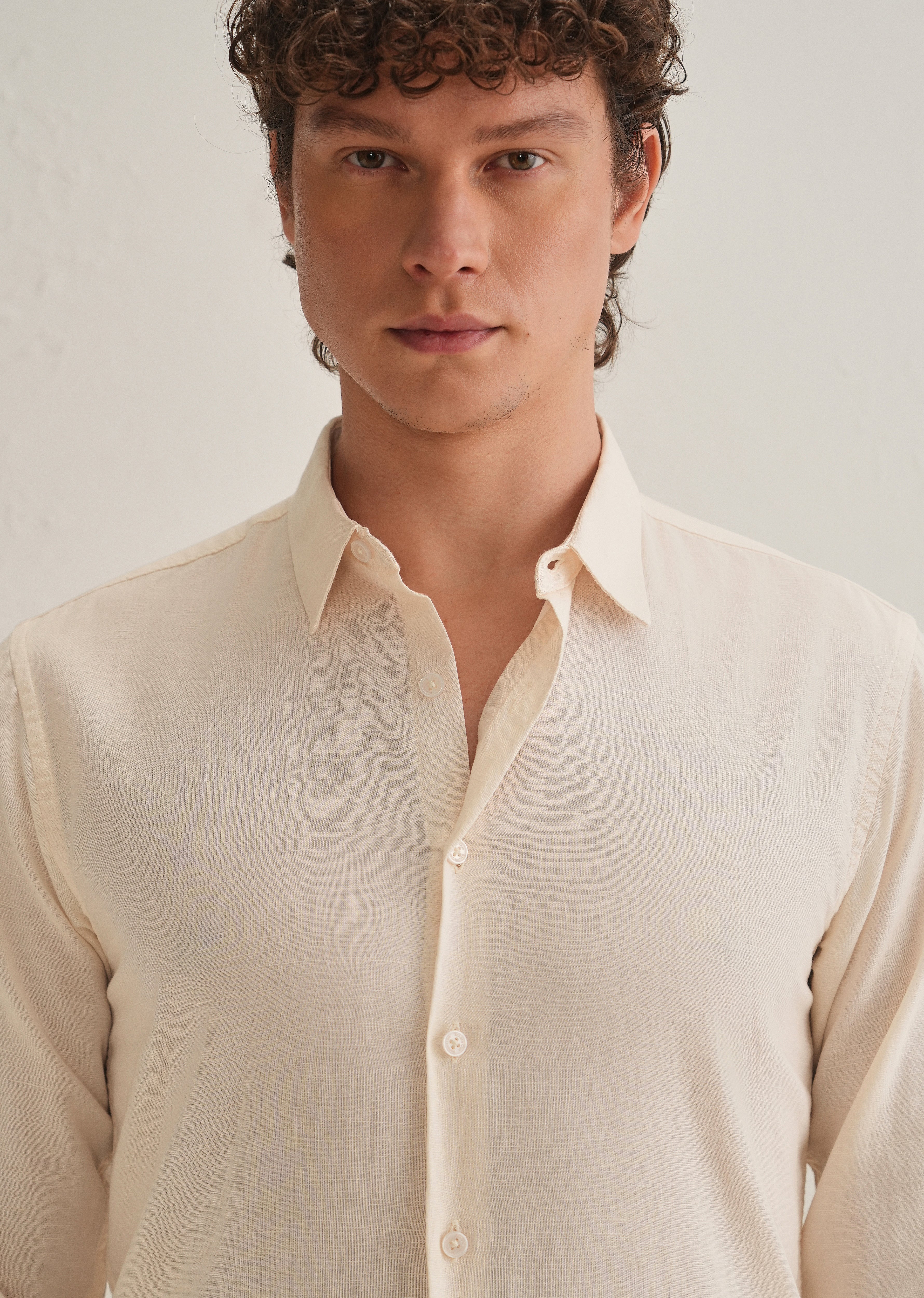 Cream Hidden Sleeve Placket Cotton Linen Shirt