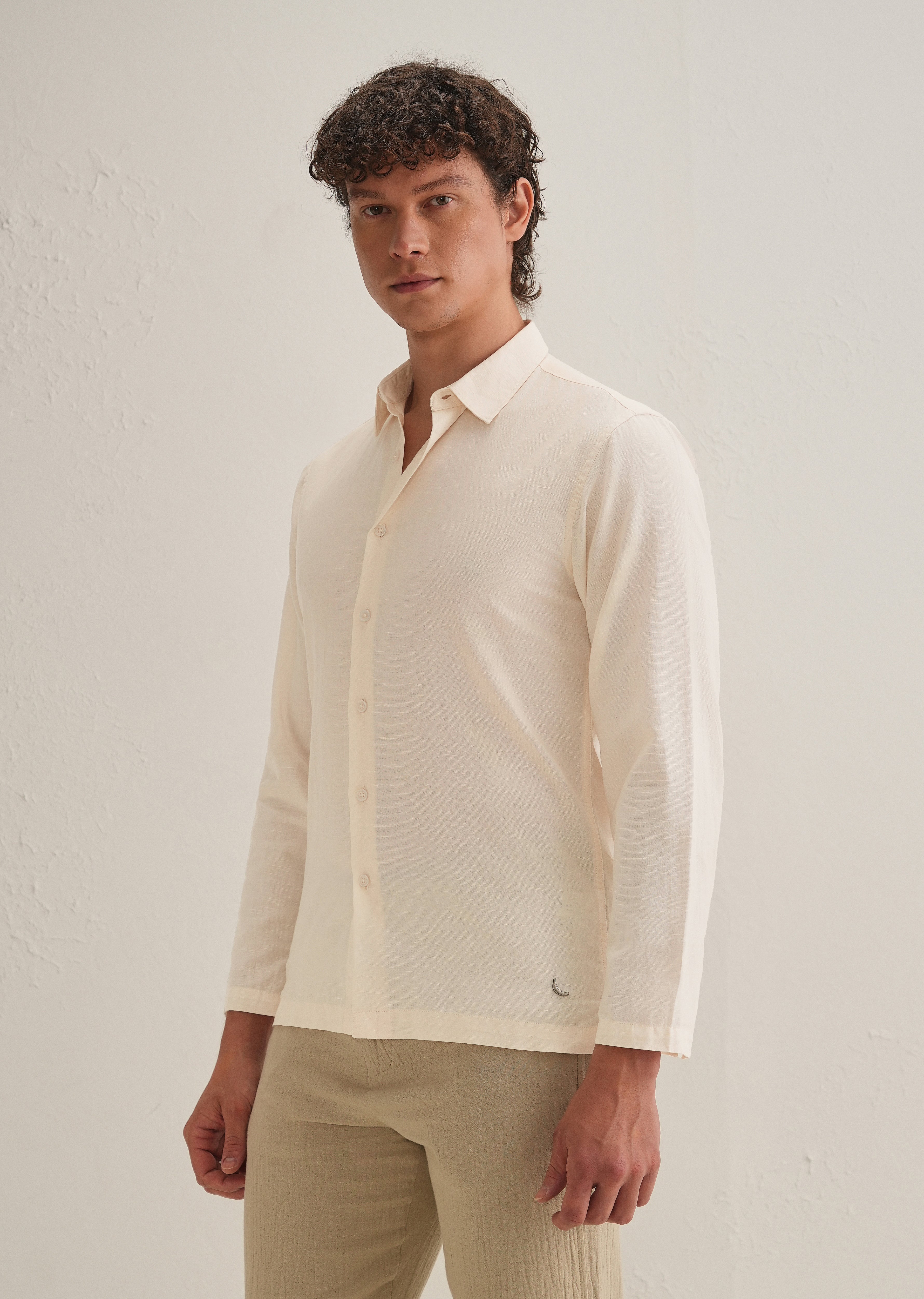 Cream Hidden Sleeve Placket Cotton Linen Shirt