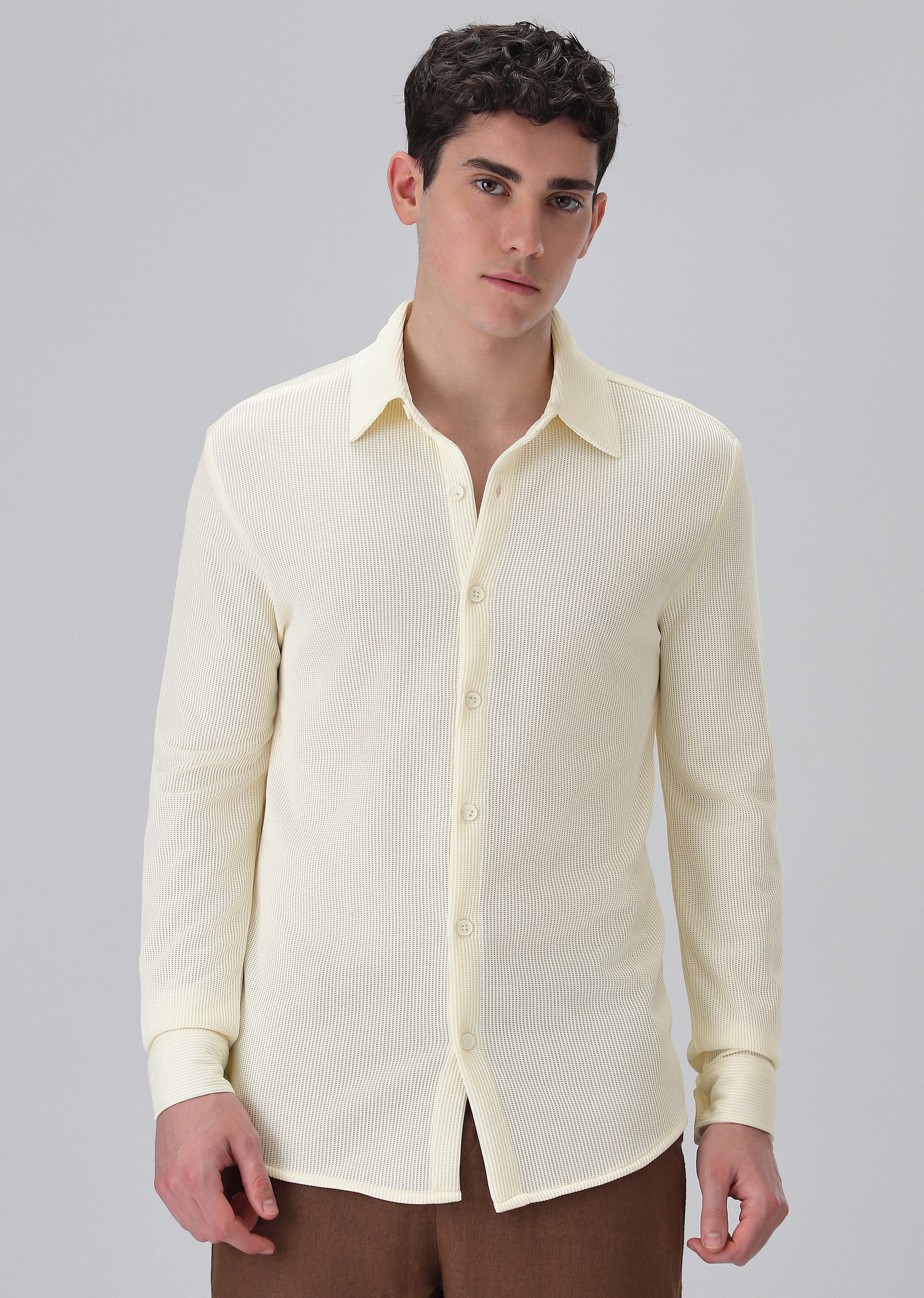 Cream Plain Knitted Shirt