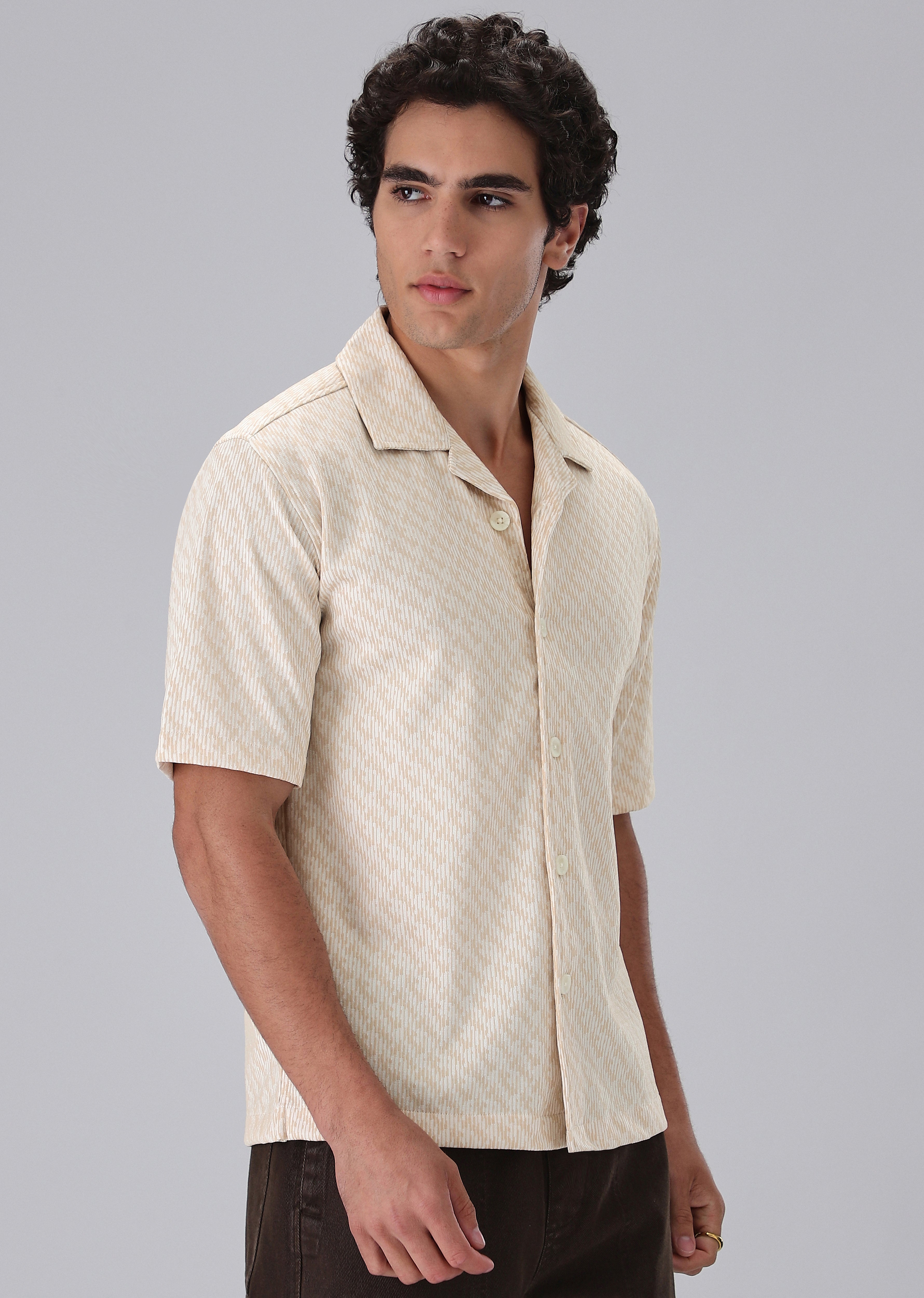 Cream Knitted Half Sleeve Shirt