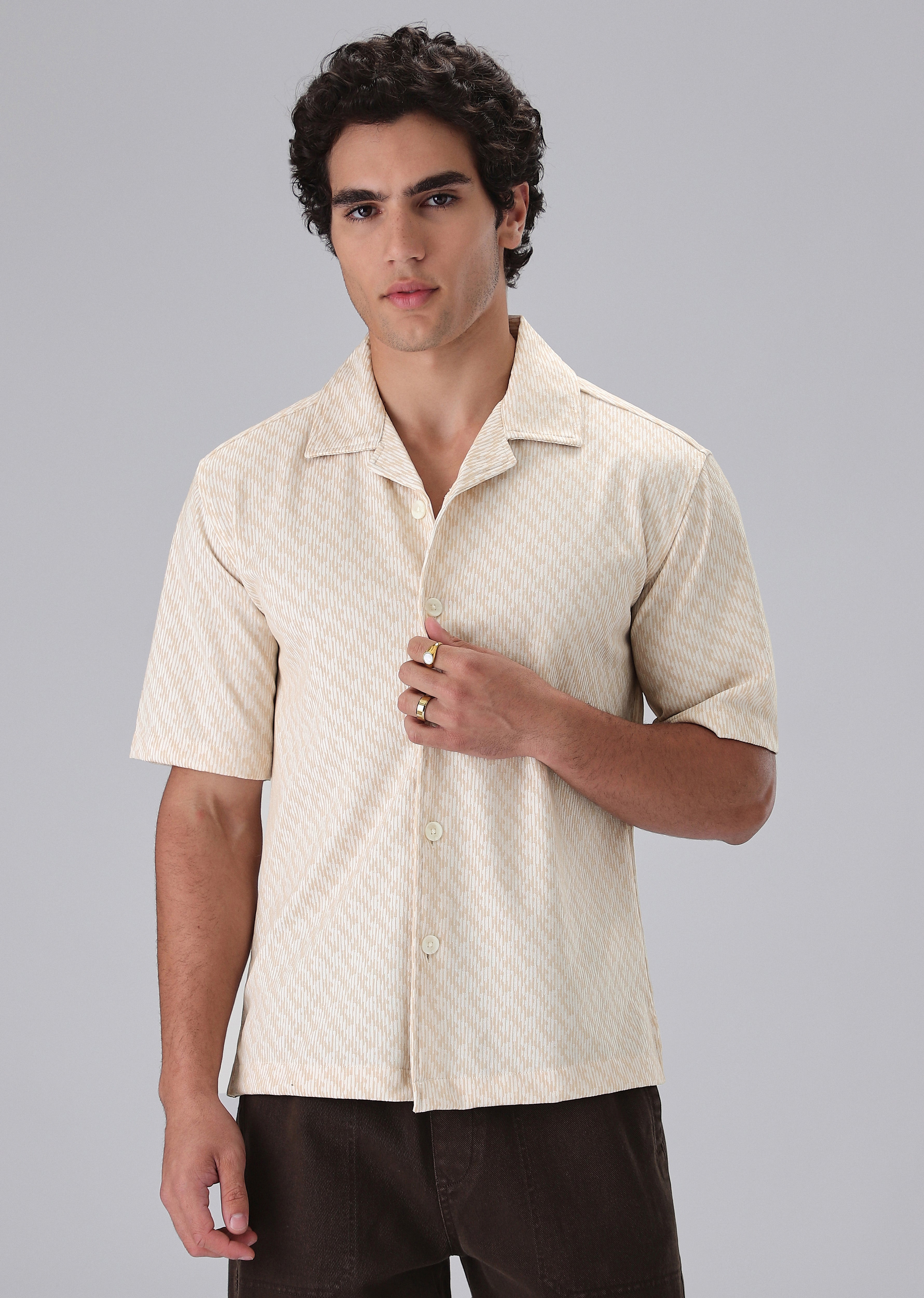 Cream Knitted Half Sleeve Shirt