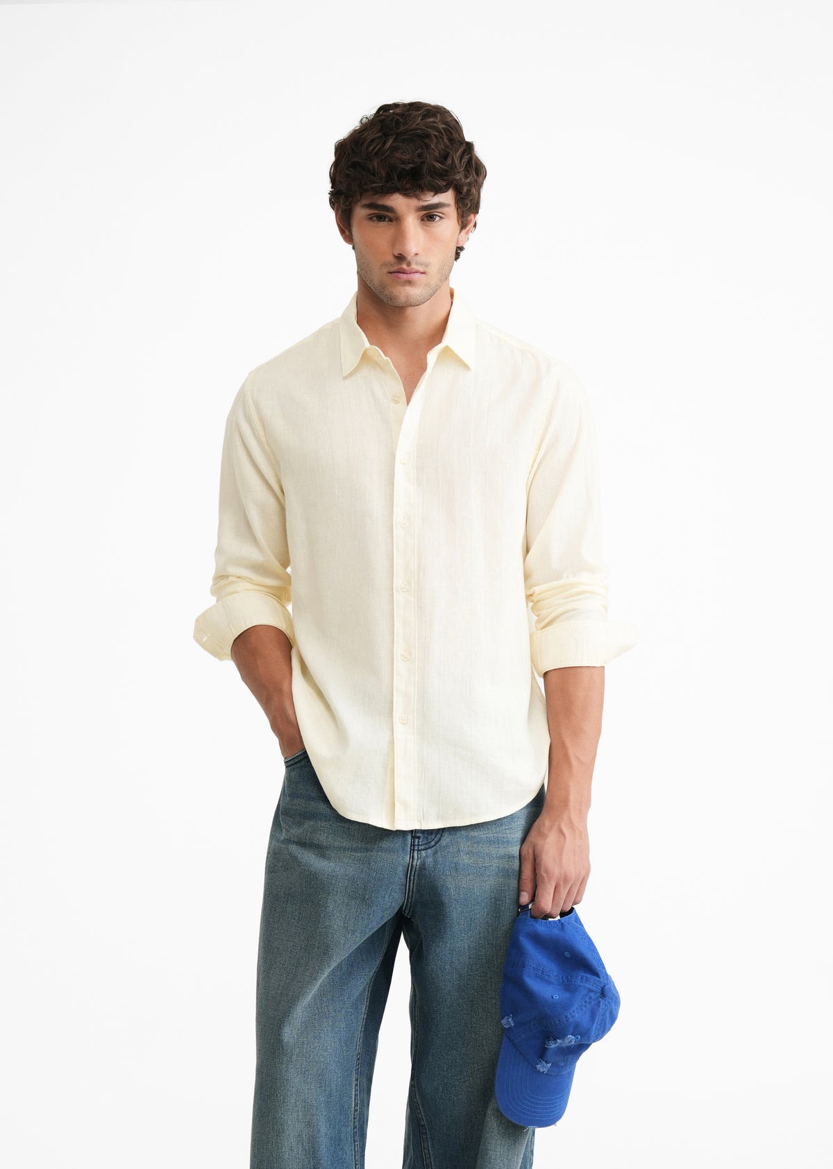 Cream Lyocell Cotton Self-Stripe Shirt
