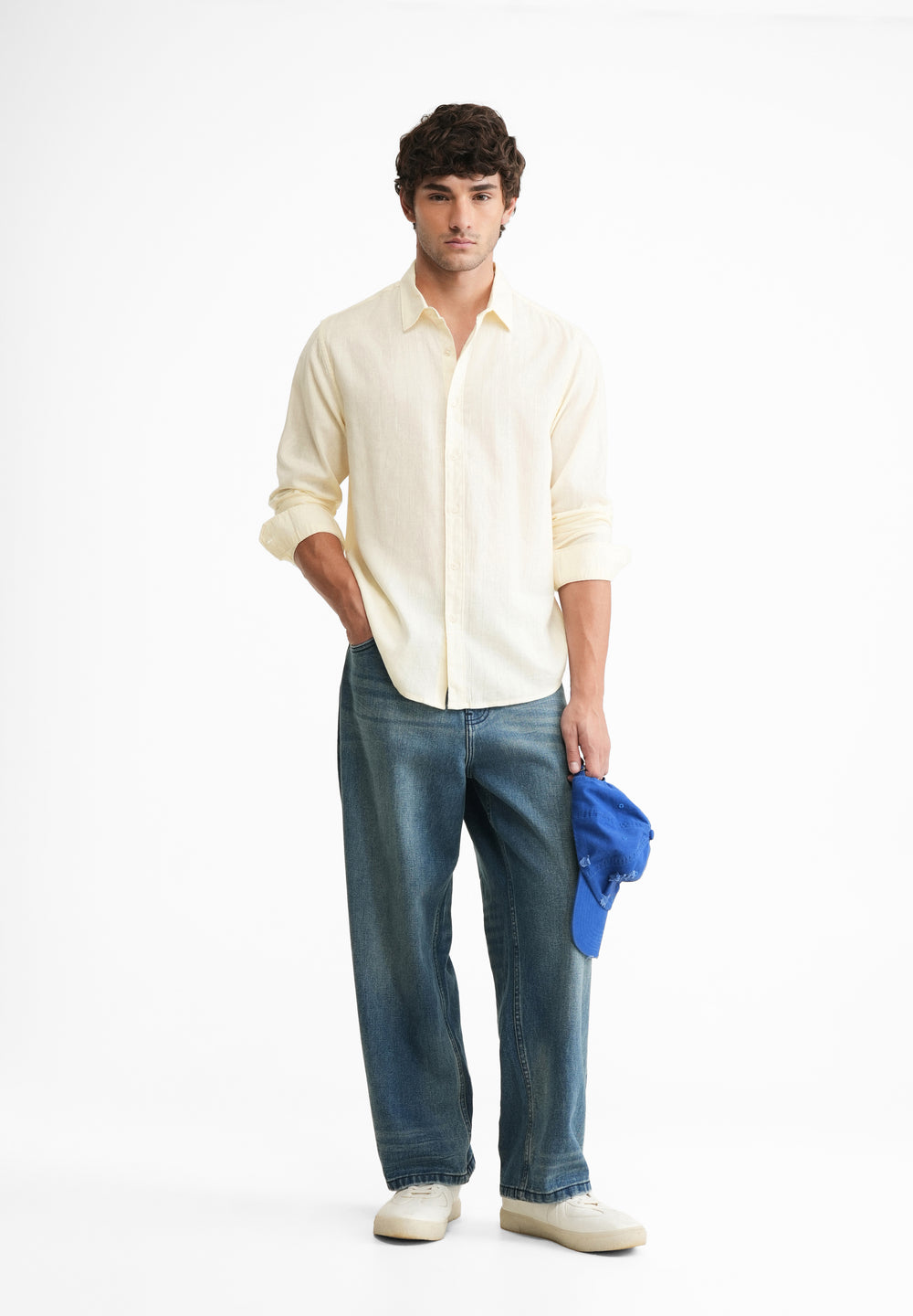 Cream Lyocell Cotton Self-Stripe Shirt
