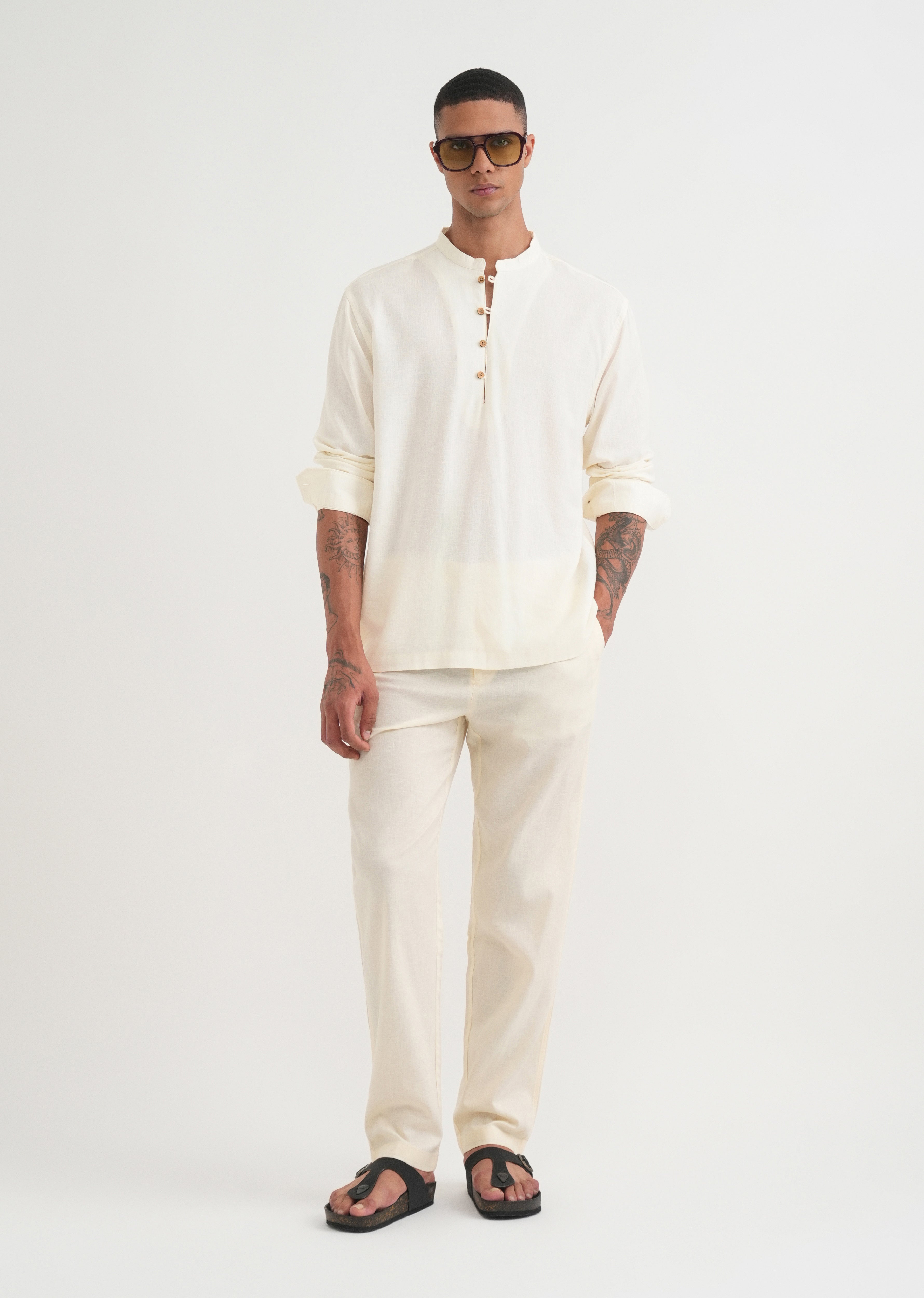 Cream Mandarin Collar Kurta Shirt