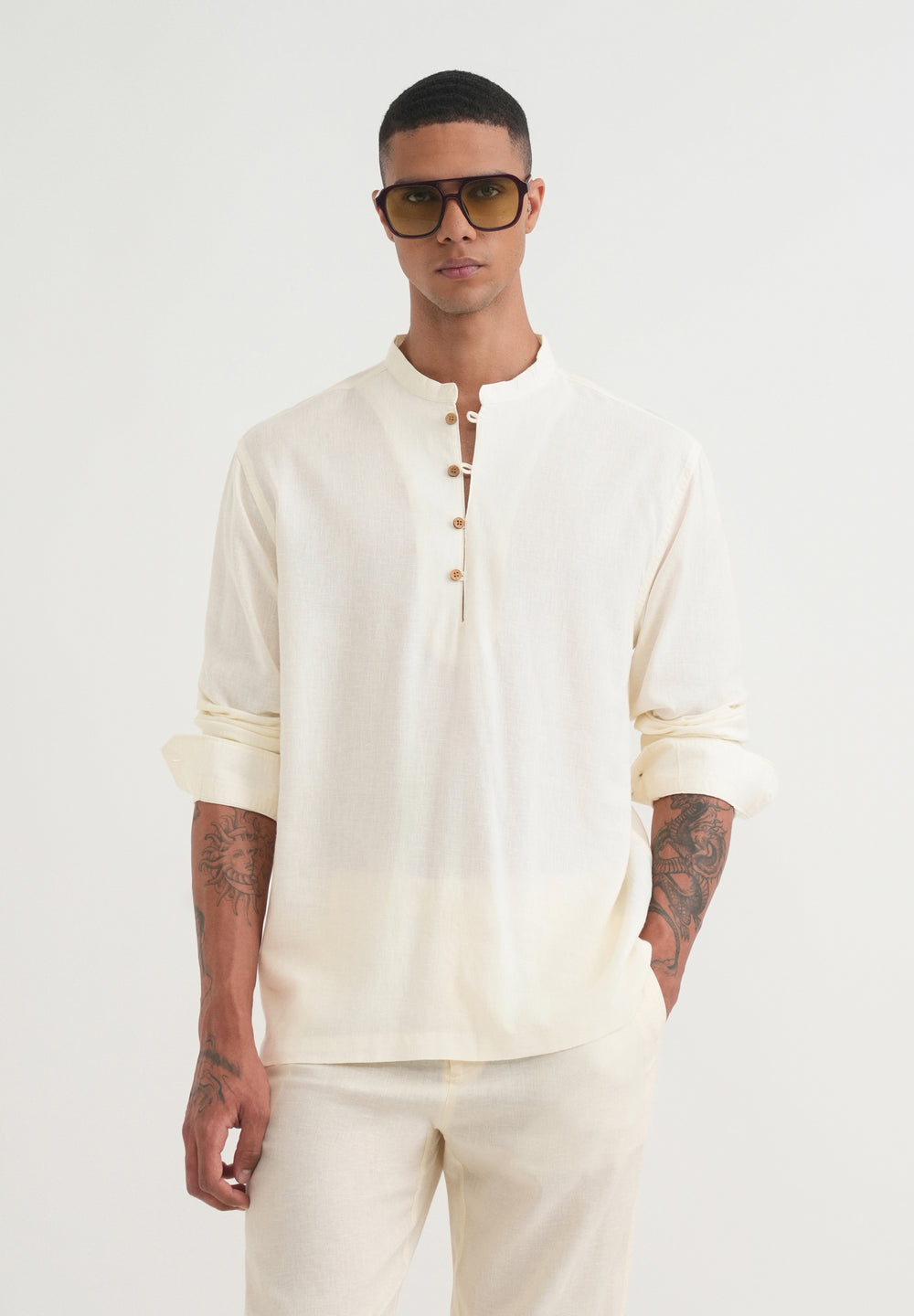 Cream Mandarin Collar Kurta Shirt