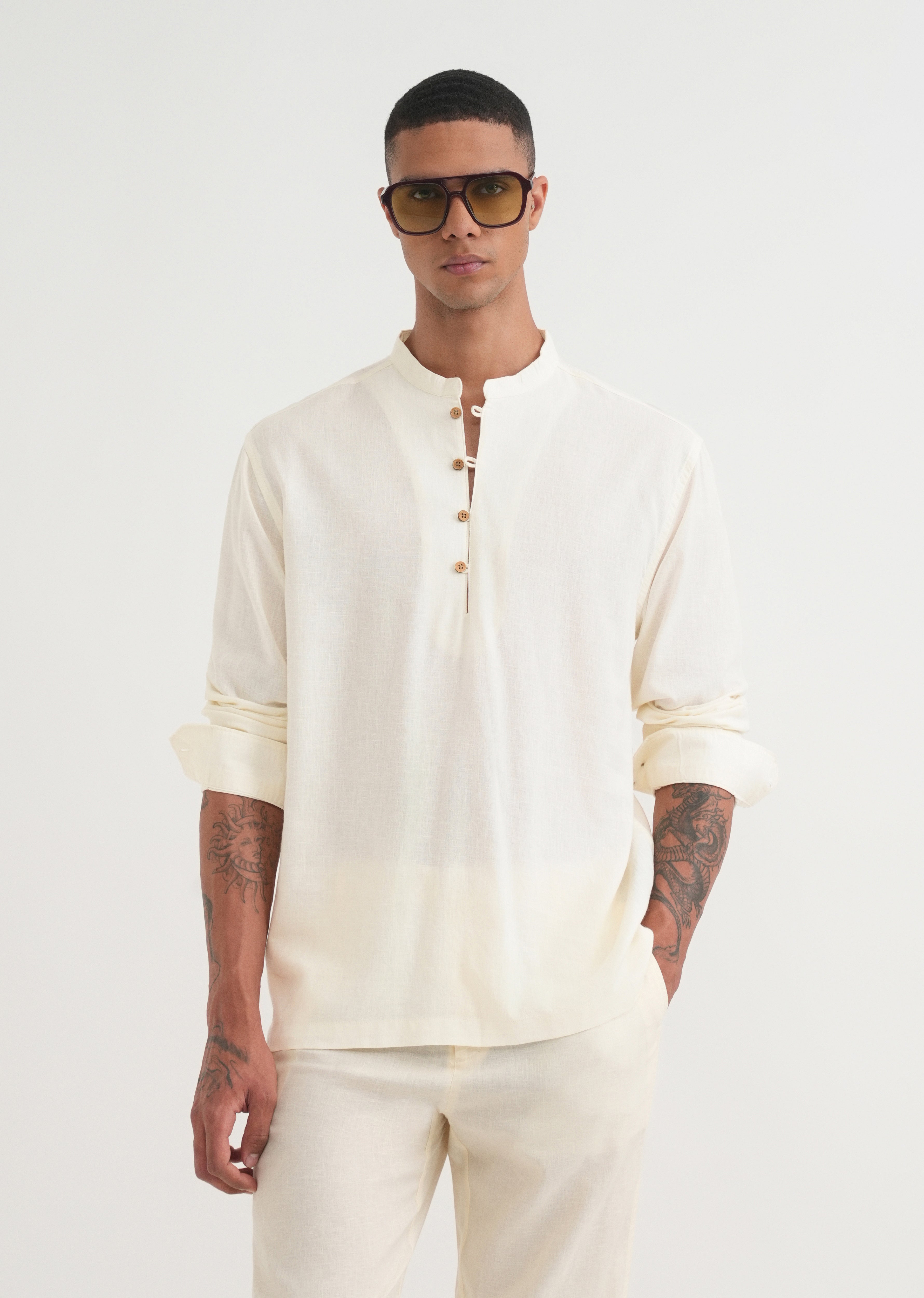 Cream Mandarin Collar Kurta Shirt