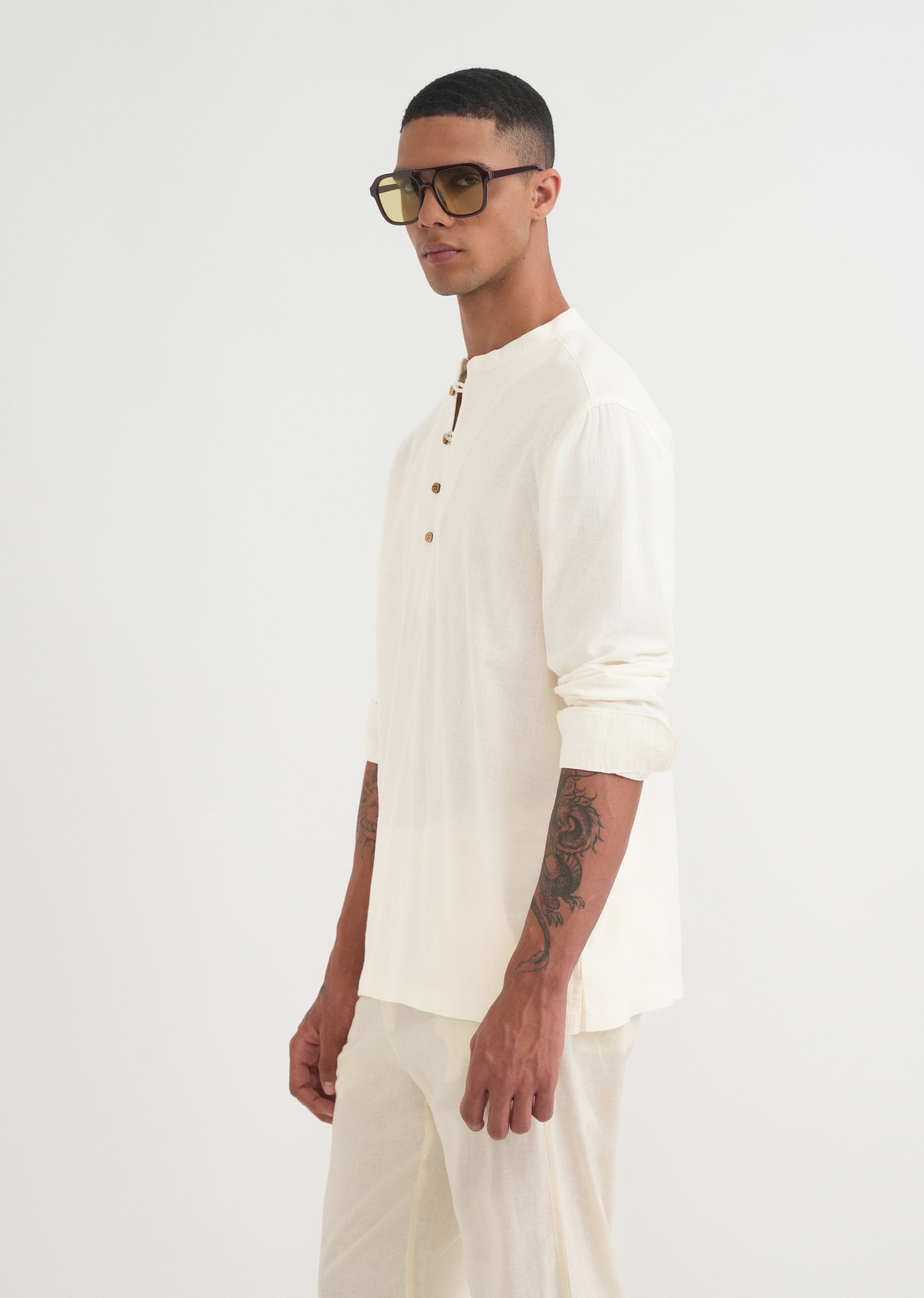 Cream Mandarin Collar Kurta Shirt