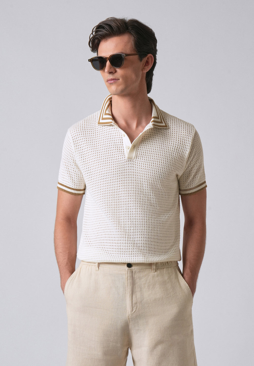 Cream Open Knitted Polo T-shirt