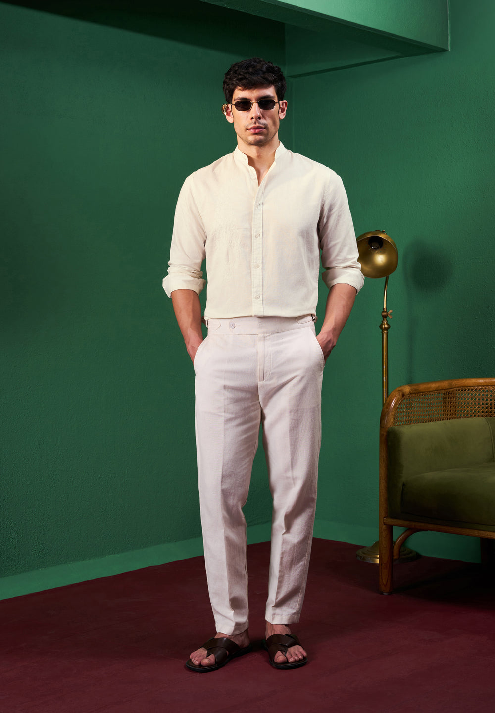 Cream Paisley Embroidery Linen Shirt