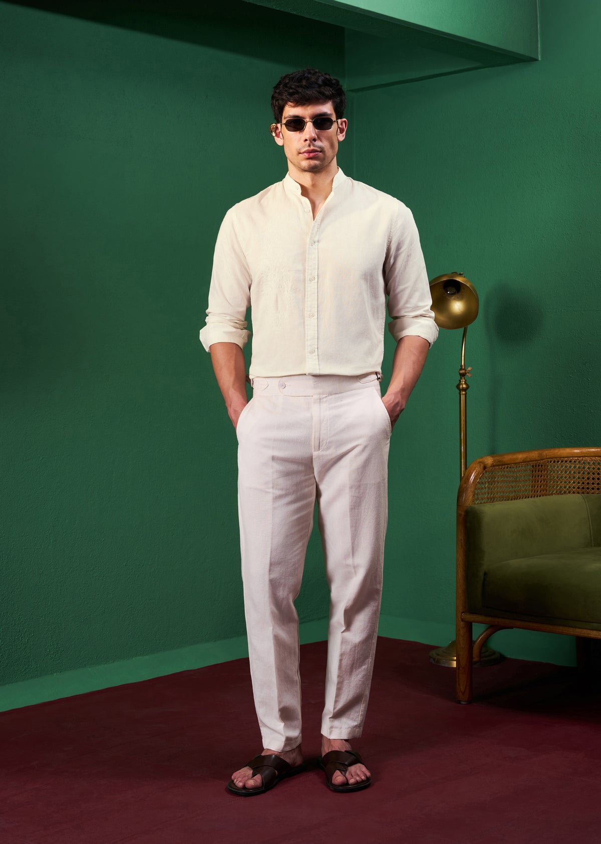 Cream Paisley Embroidery Linen Shirt