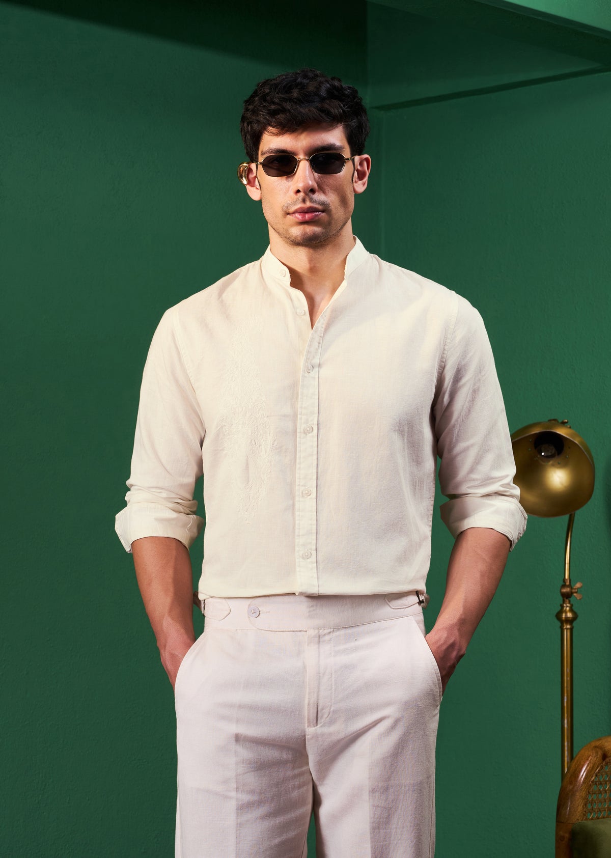 Cream Paisley Embroidery Linen Shirt