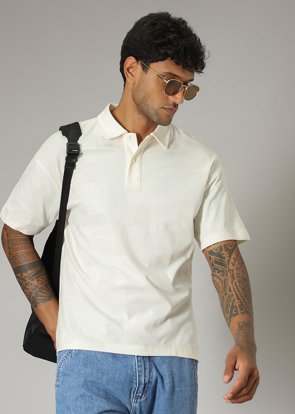 Cream Patterned Polo T-shirt