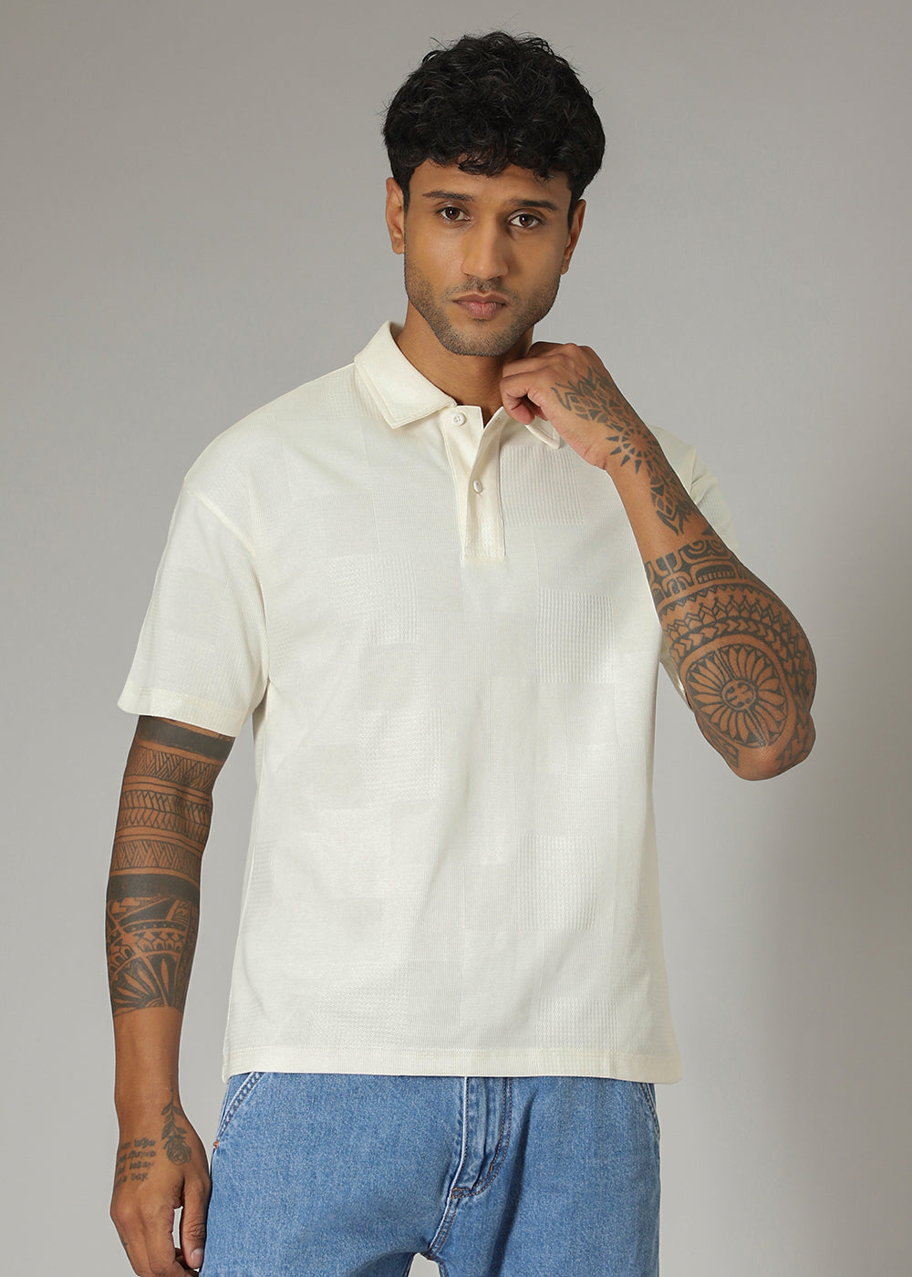 Cream Patterned Polo T-shirt