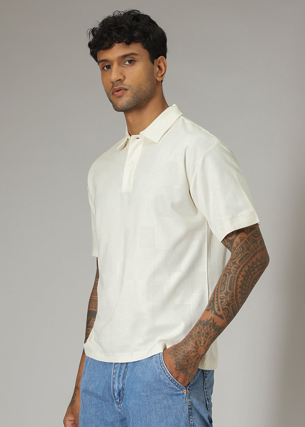 Cream Patterned Polo T-shirt