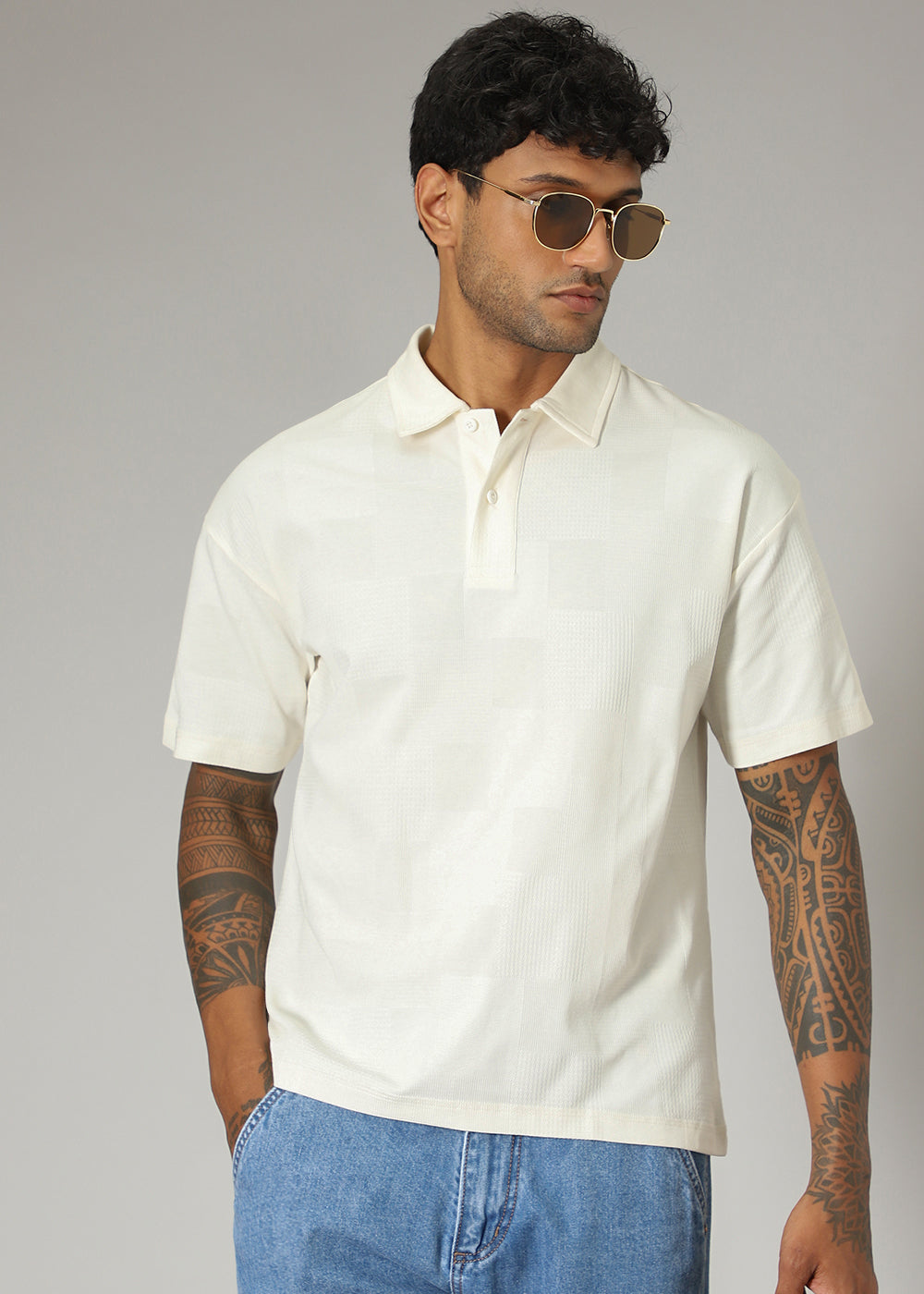 Cream Patterned Polo T-shirt