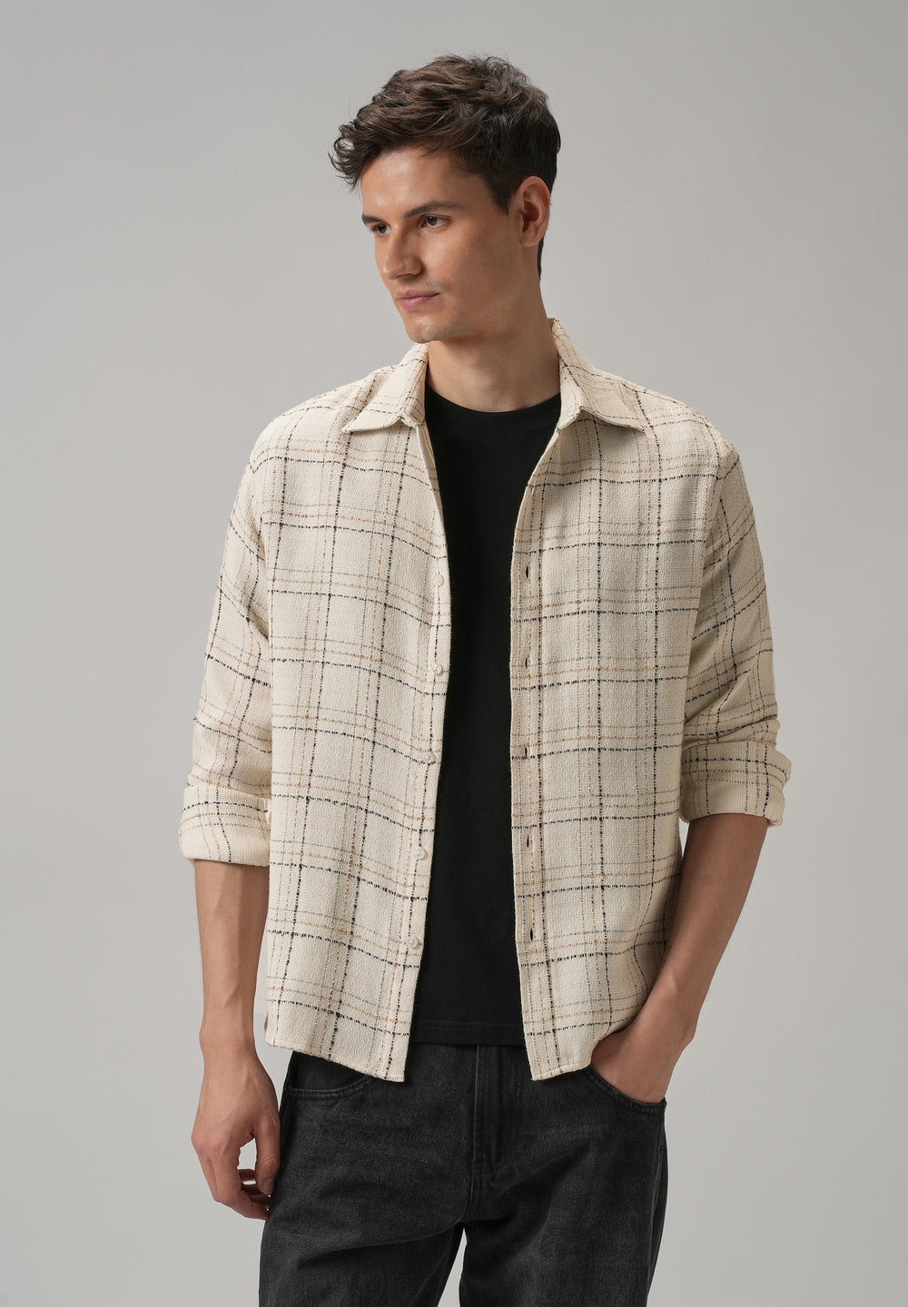 Cream Plaid Textured Cotton Check Shirt