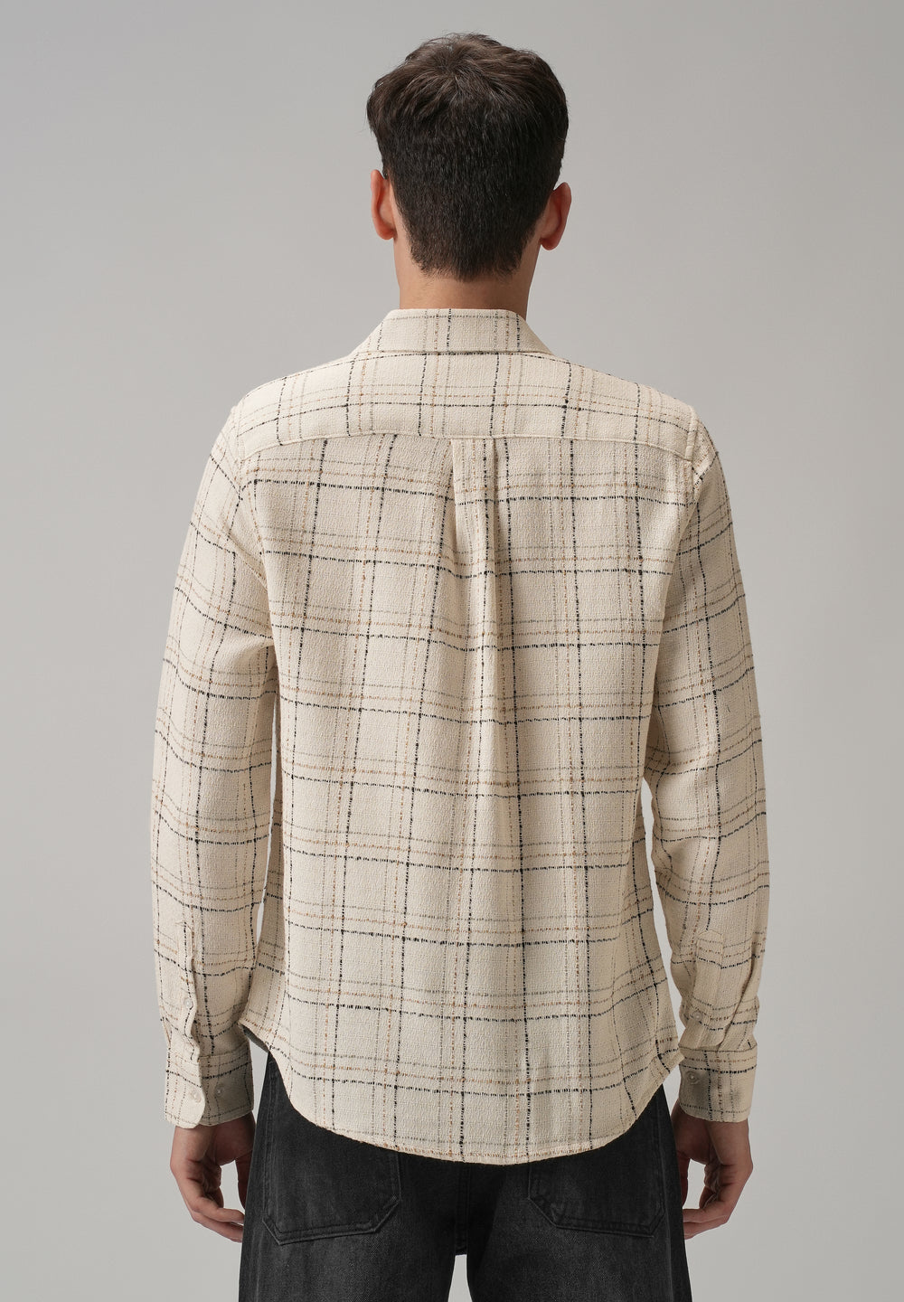 Cream Plaid Textured Cotton Check Shirt