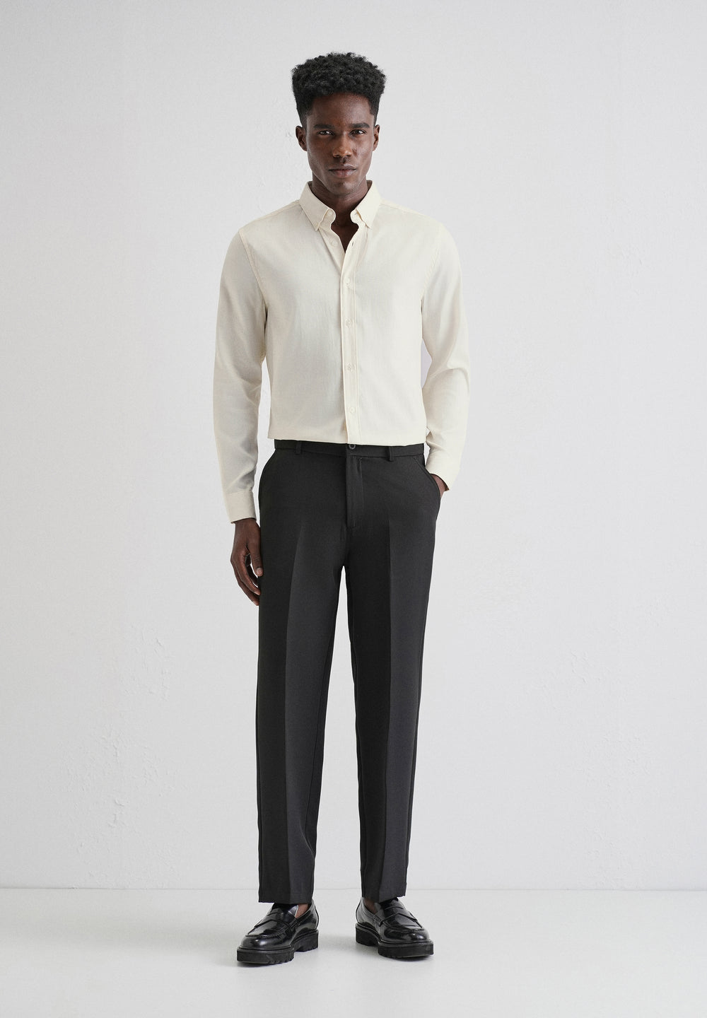 Cream Plain Blended Cotton Regular Fit Shirt