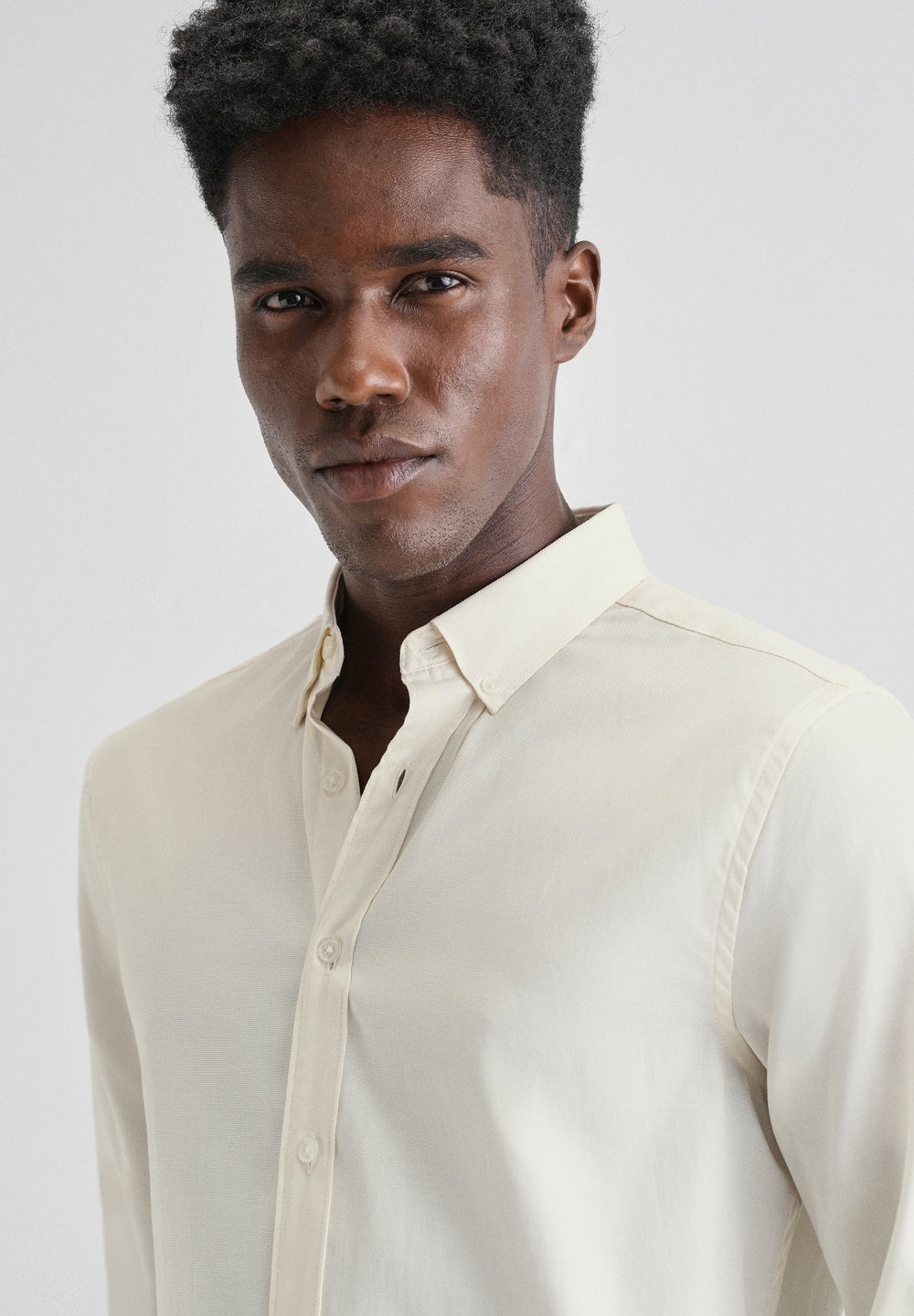Cream Plain Blended Cotton Regular Fit Shirt