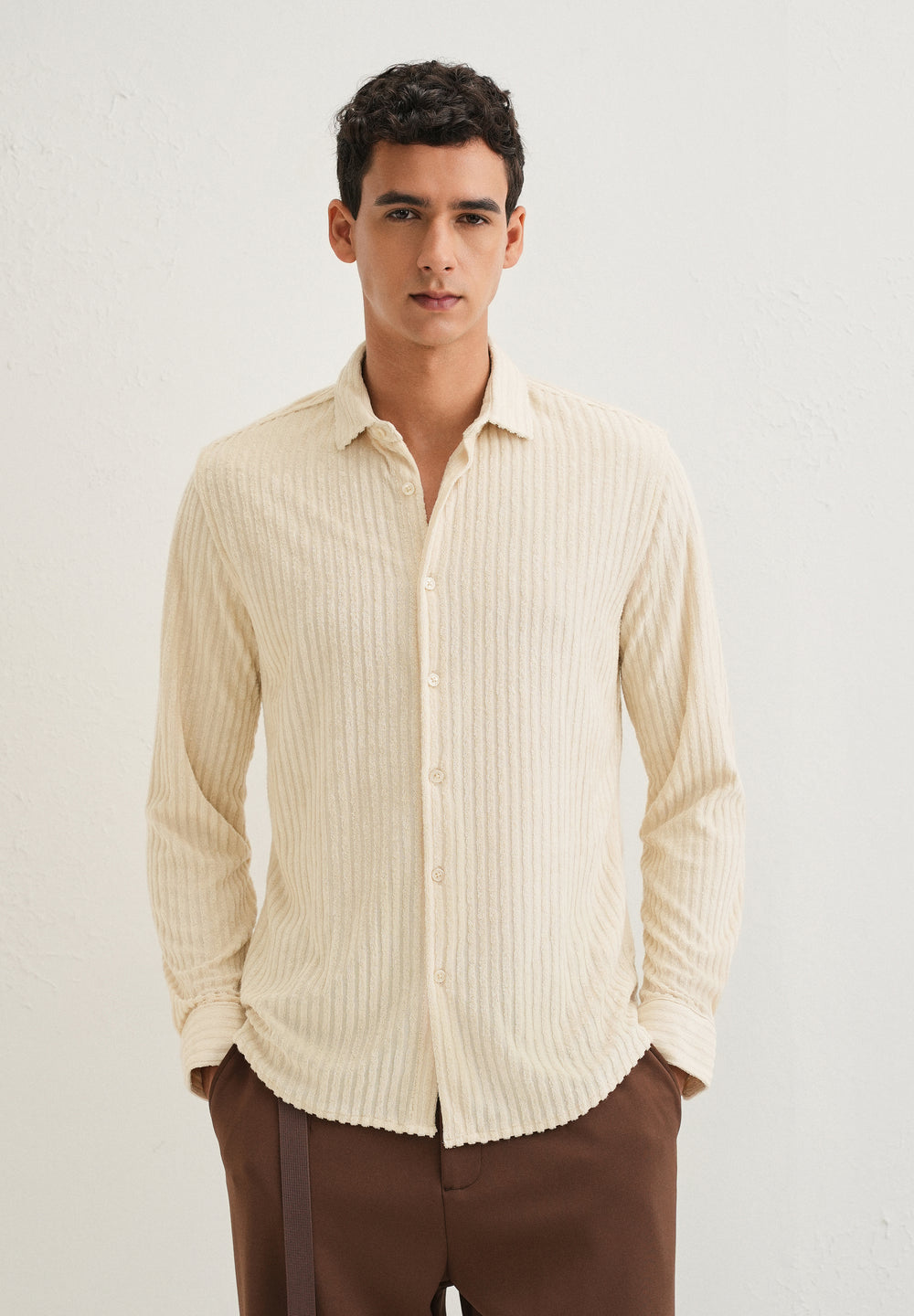 Cream Plain Corduroy Stripe Shirt