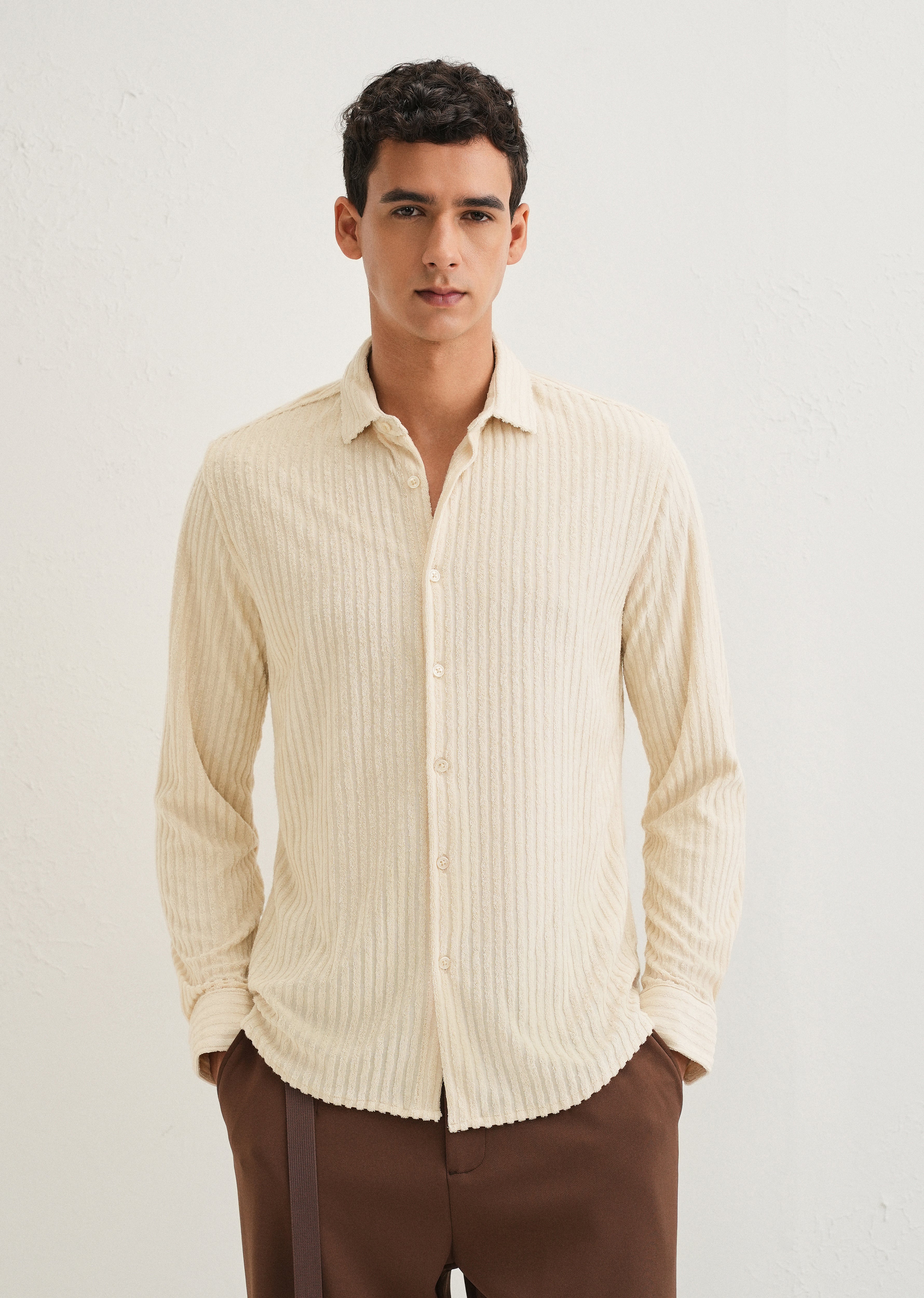 Cream Plain Corduroy Stripe Shirt