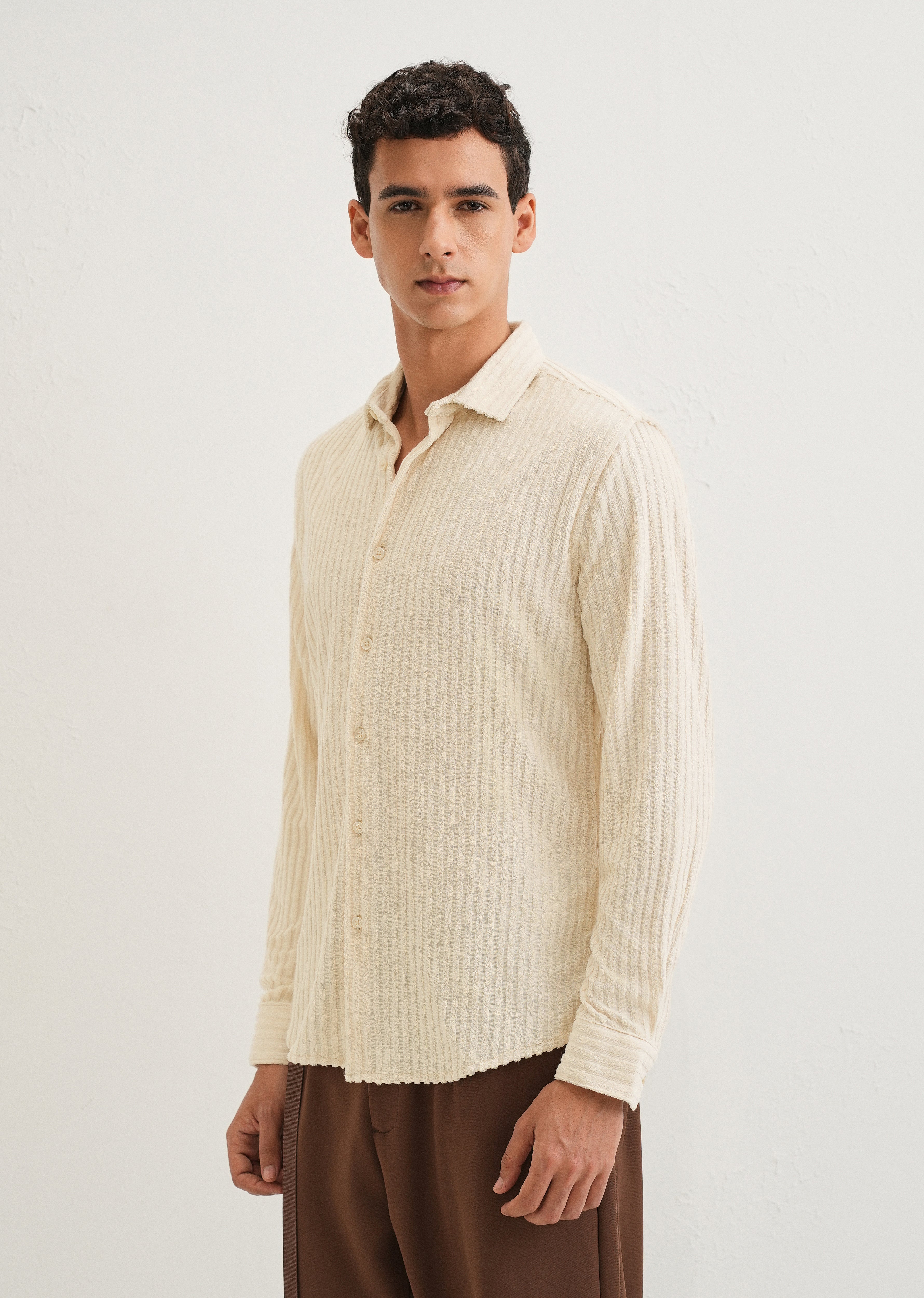 Cream Plain Corduroy Stripe Shirt
