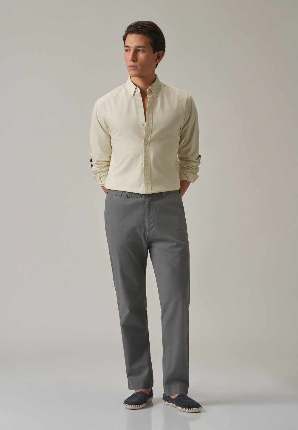 Cream Plain Elbow Patch Oxford Shirt