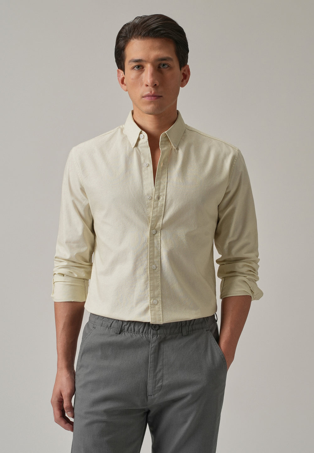 Cream Plain Elbow Patch Oxford Shirt