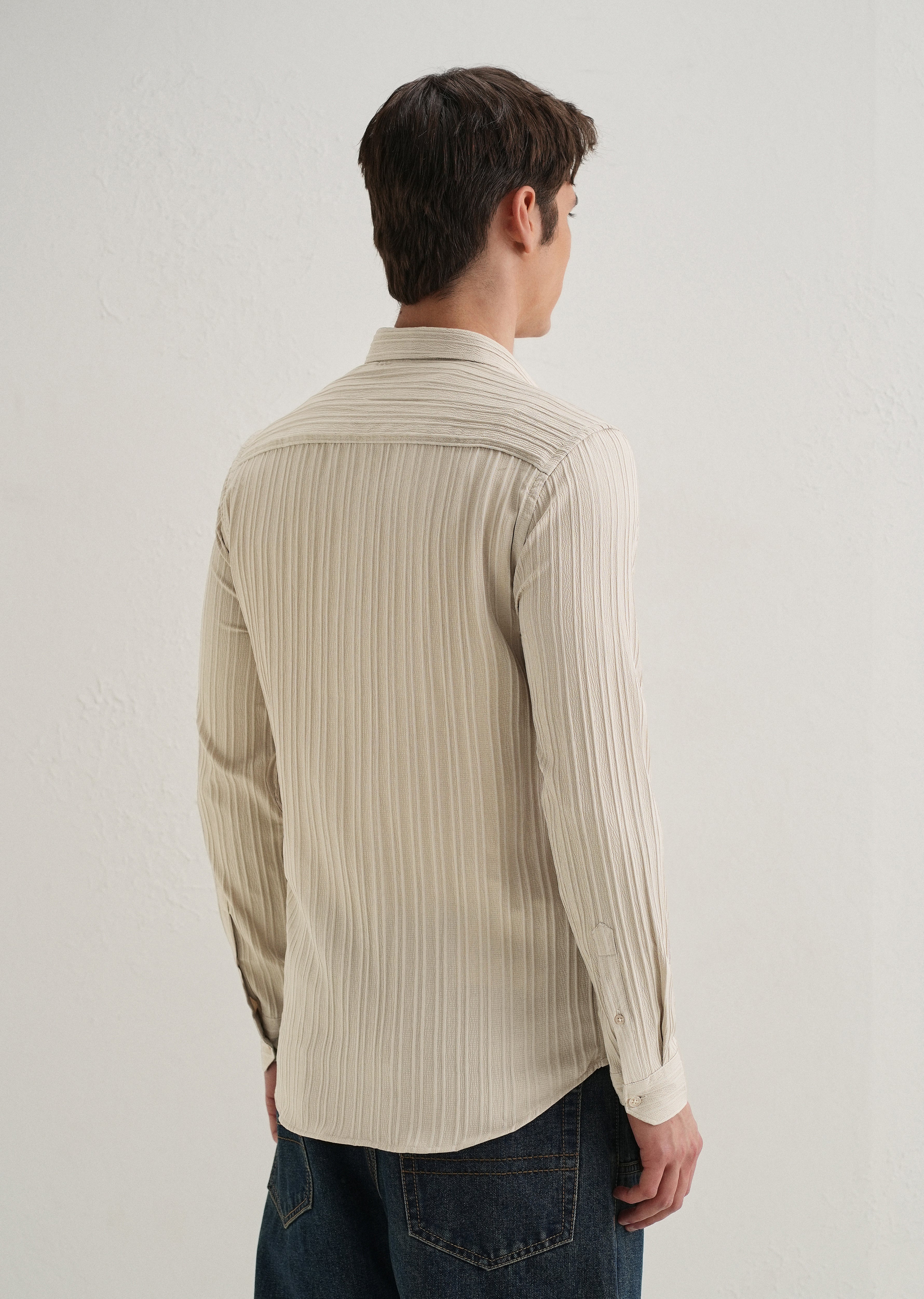 Cream Plain Self Striped Shirt