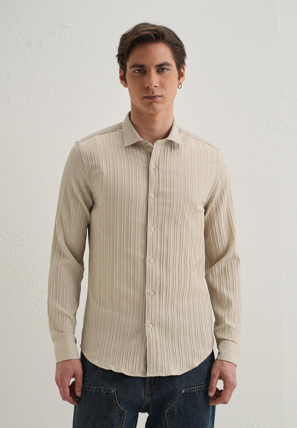 Cream Plain Self Striped Shirt