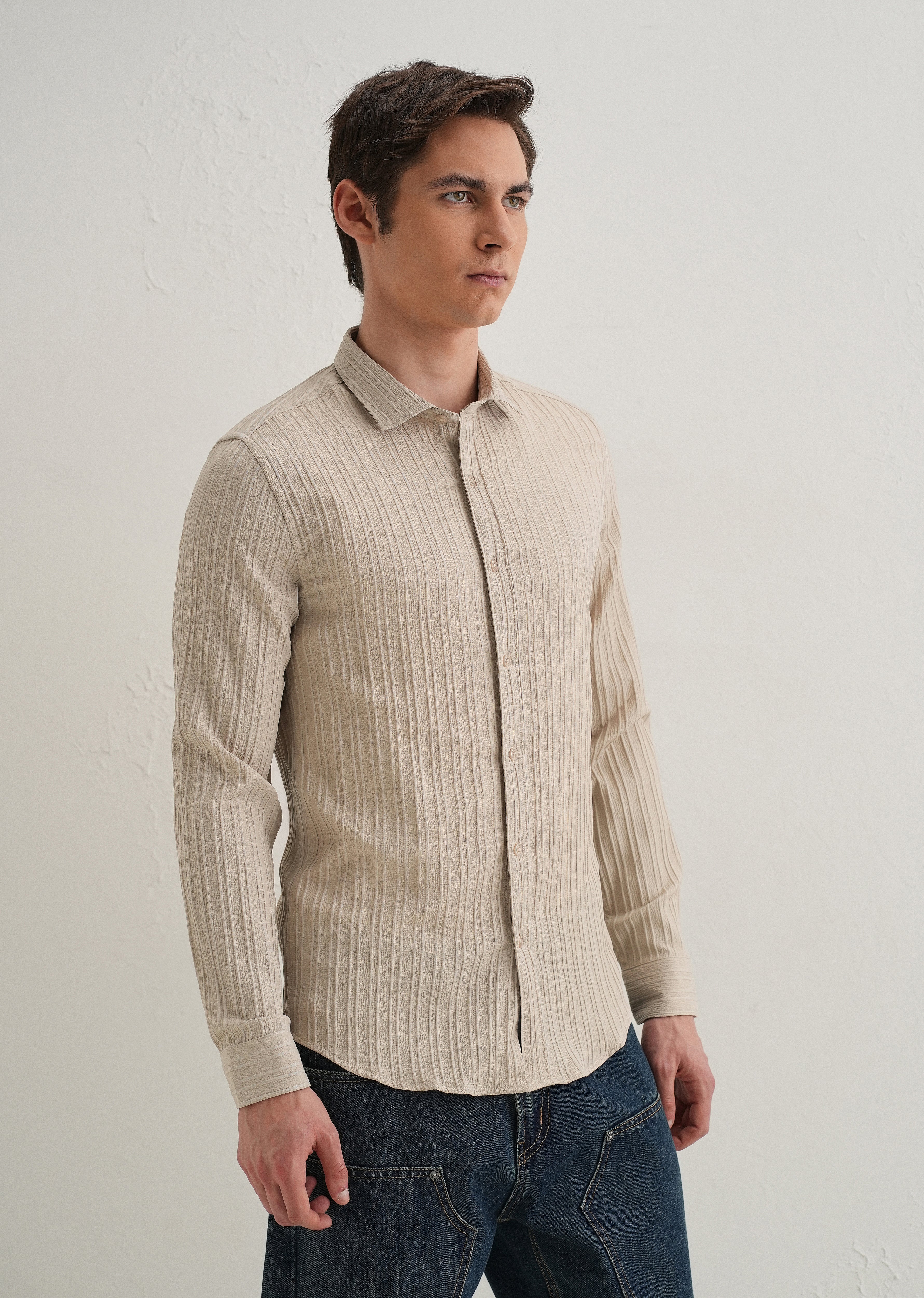 Cream Plain Self Striped Shirt