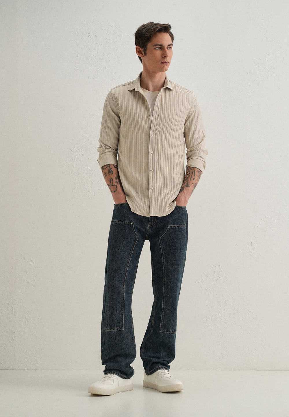 Cream Plain Self Striped Shirt