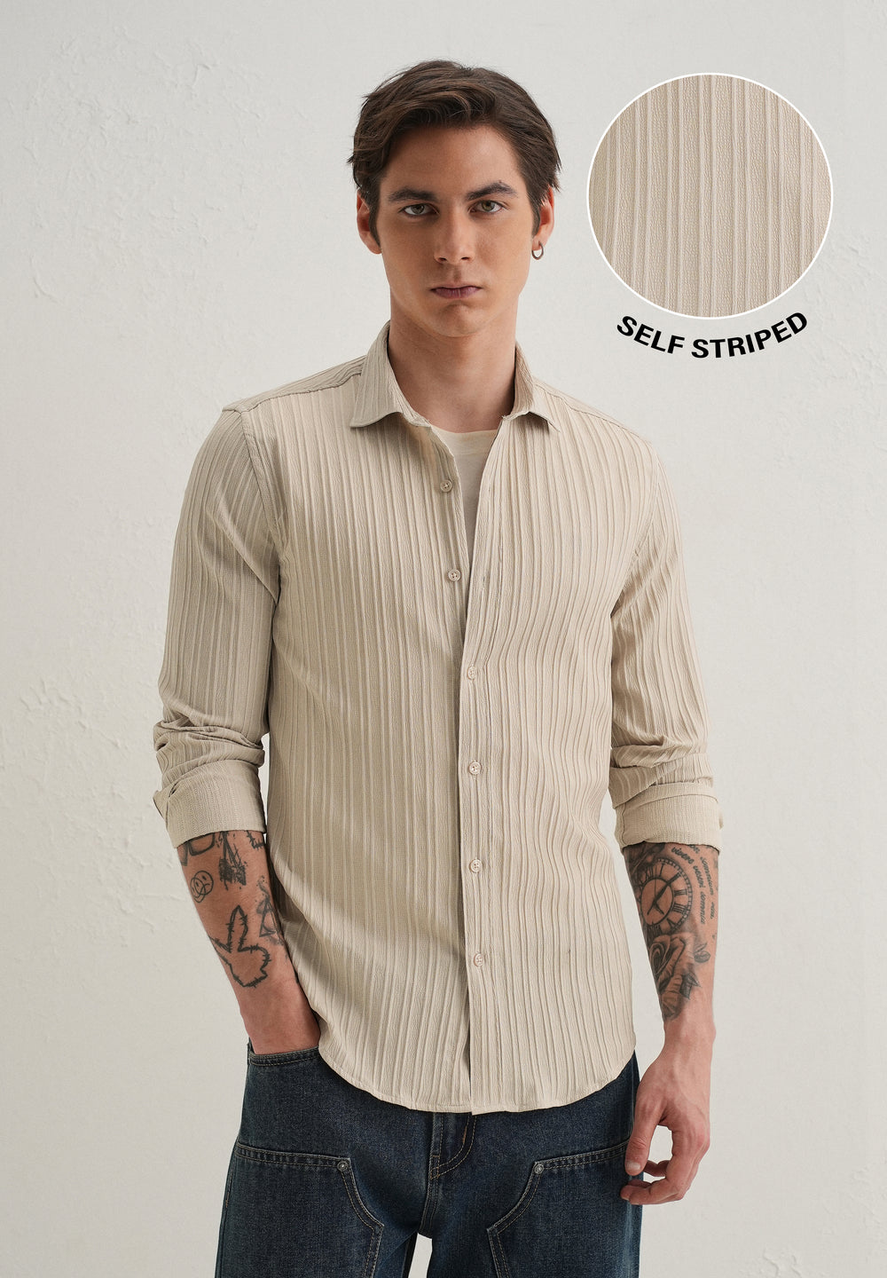 Cream Plain Self Striped Shirt