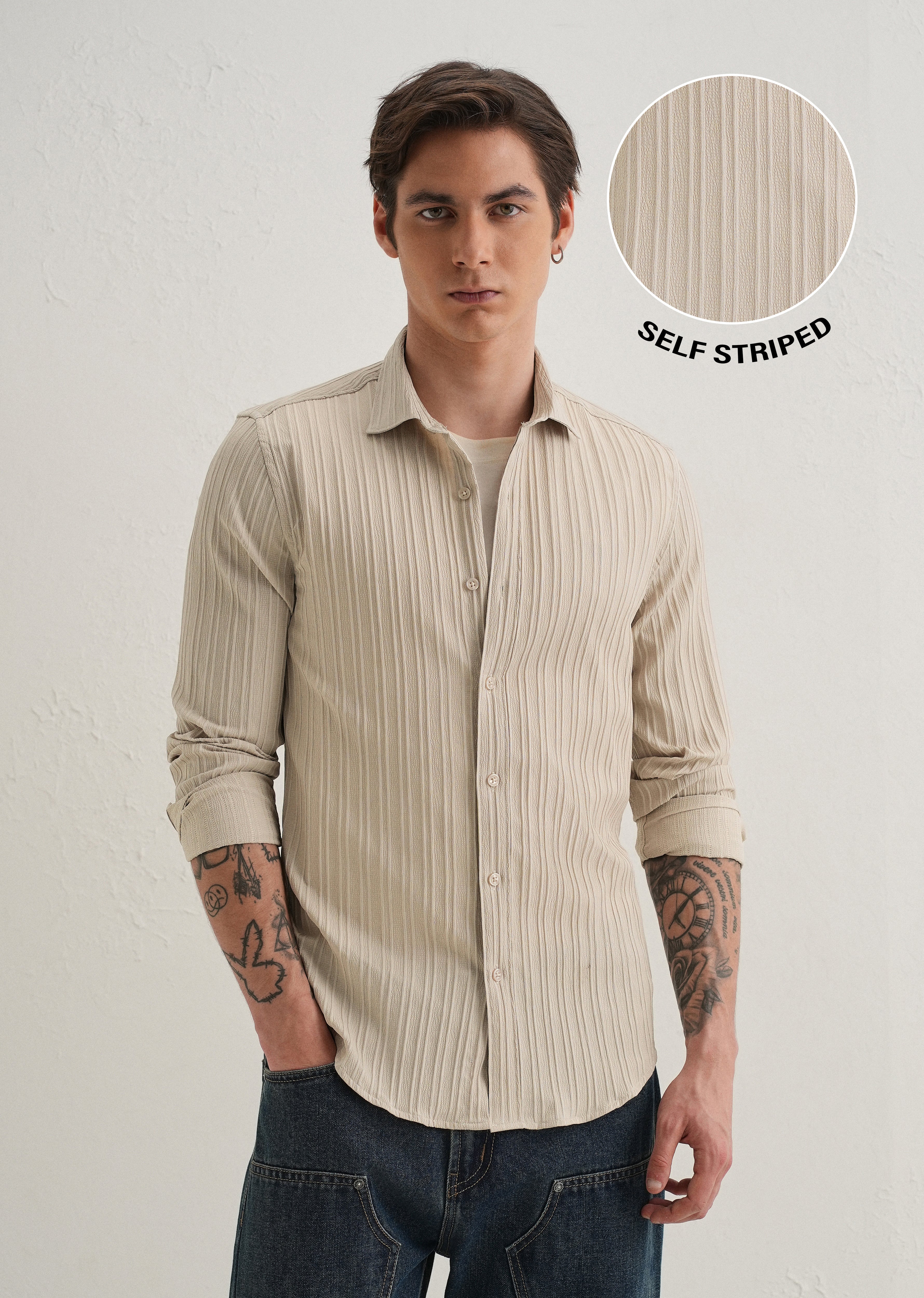 Cream Plain Self Striped Shirt