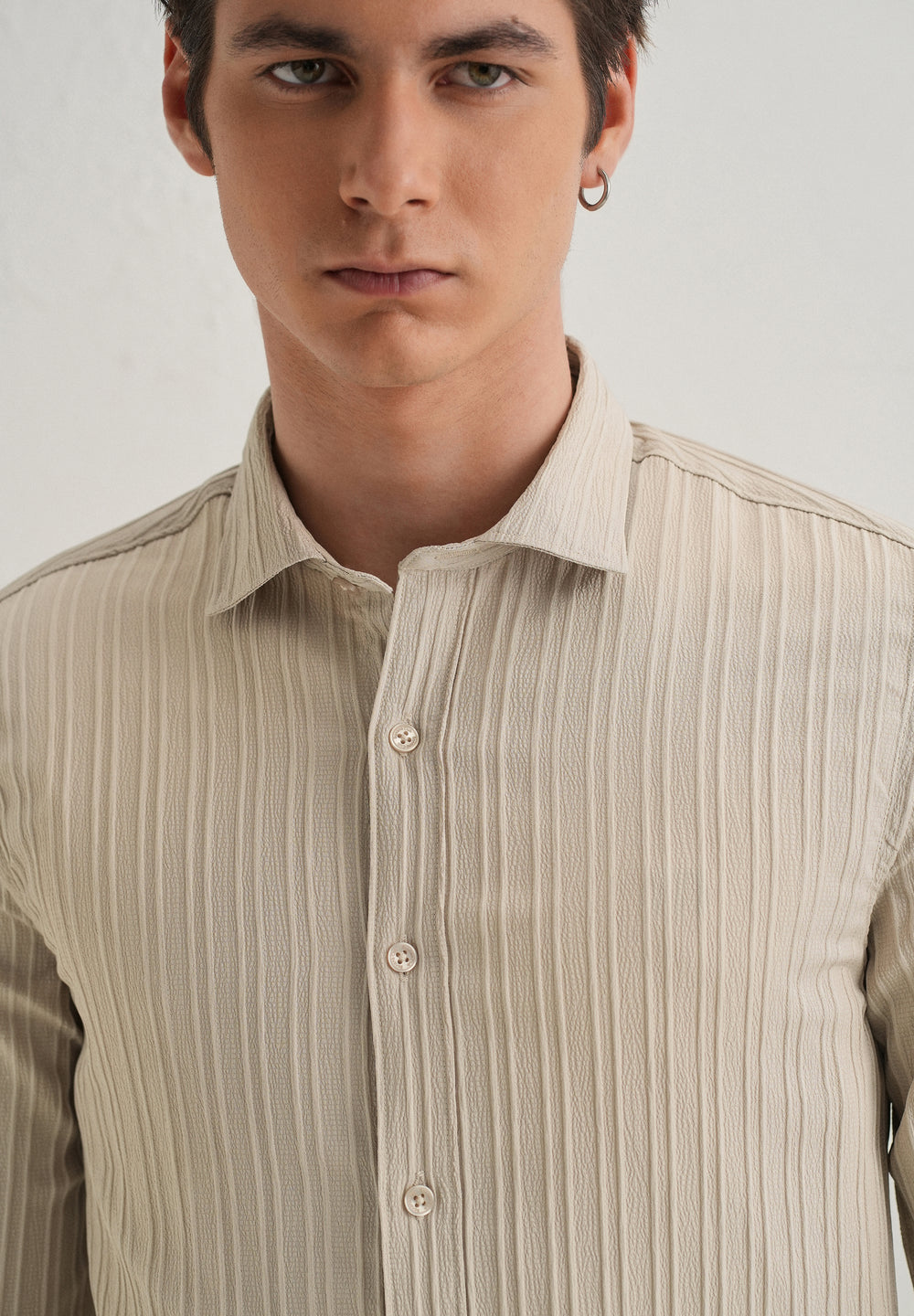 Cream Plain Self Striped Shirt