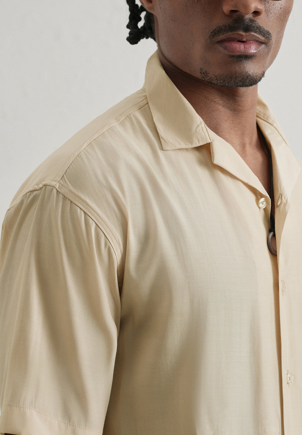 Beige Plain Sheen Cuban Collar Shirt
