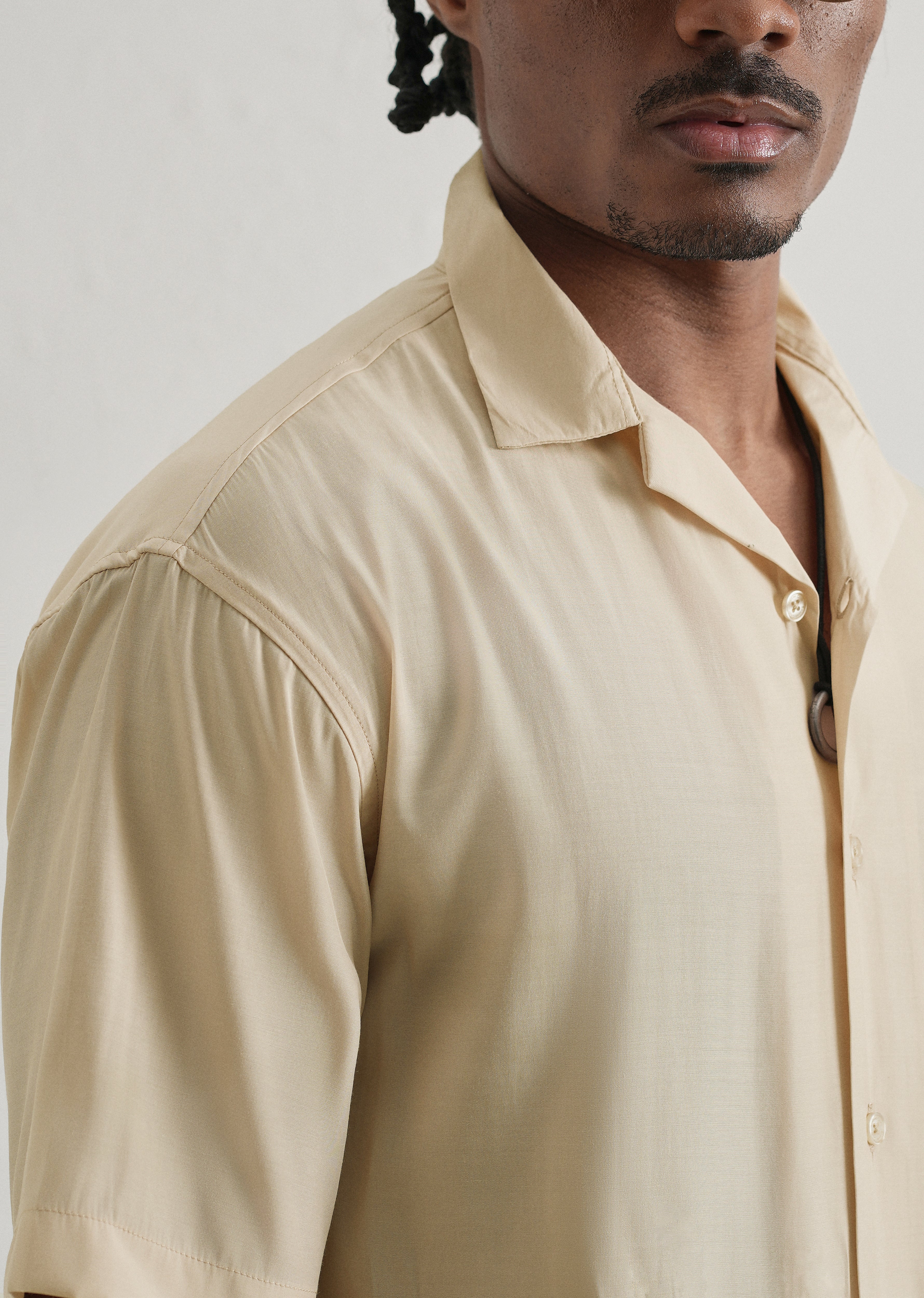 Beige Plain Sheen Cuban Collar Shirt