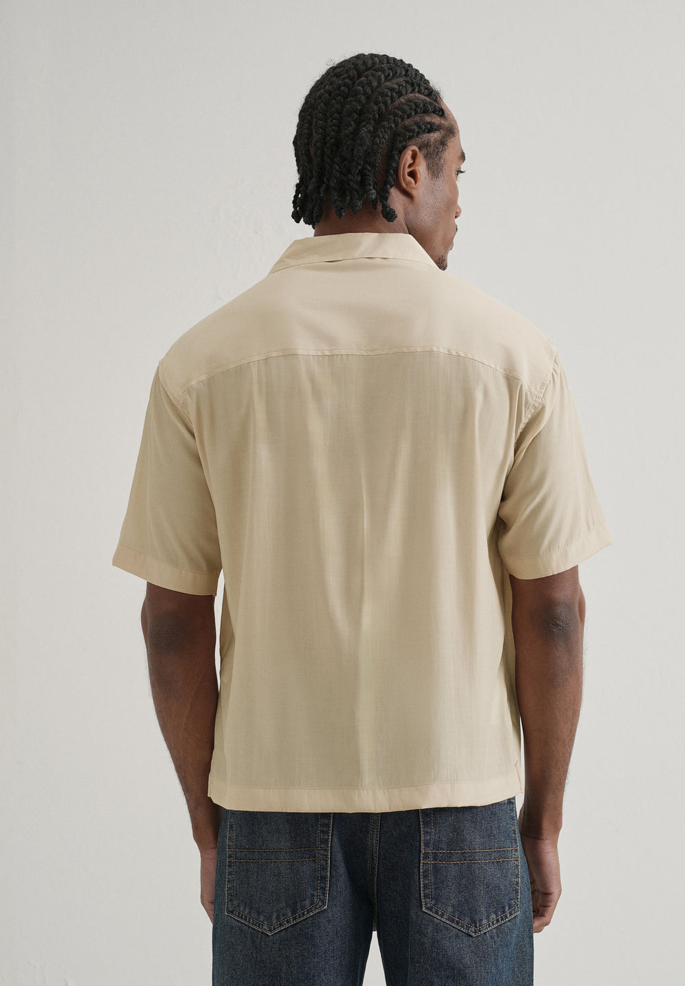 Beige Plain Sheen Cuban Collar Shirt