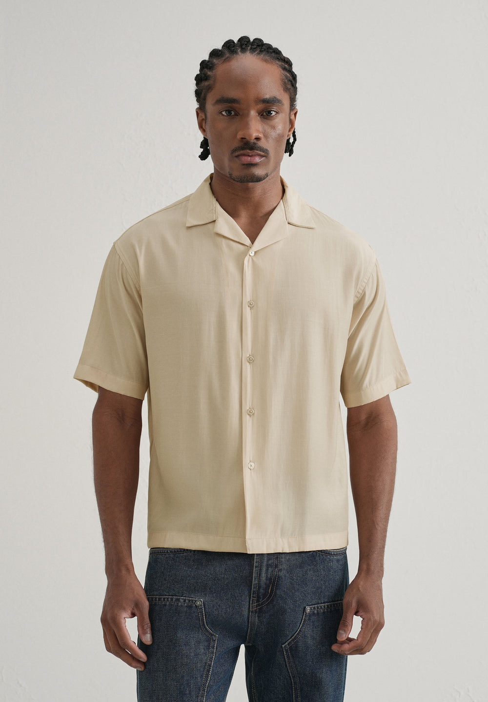 Beige Plain Sheen Cuban Collar Shirt