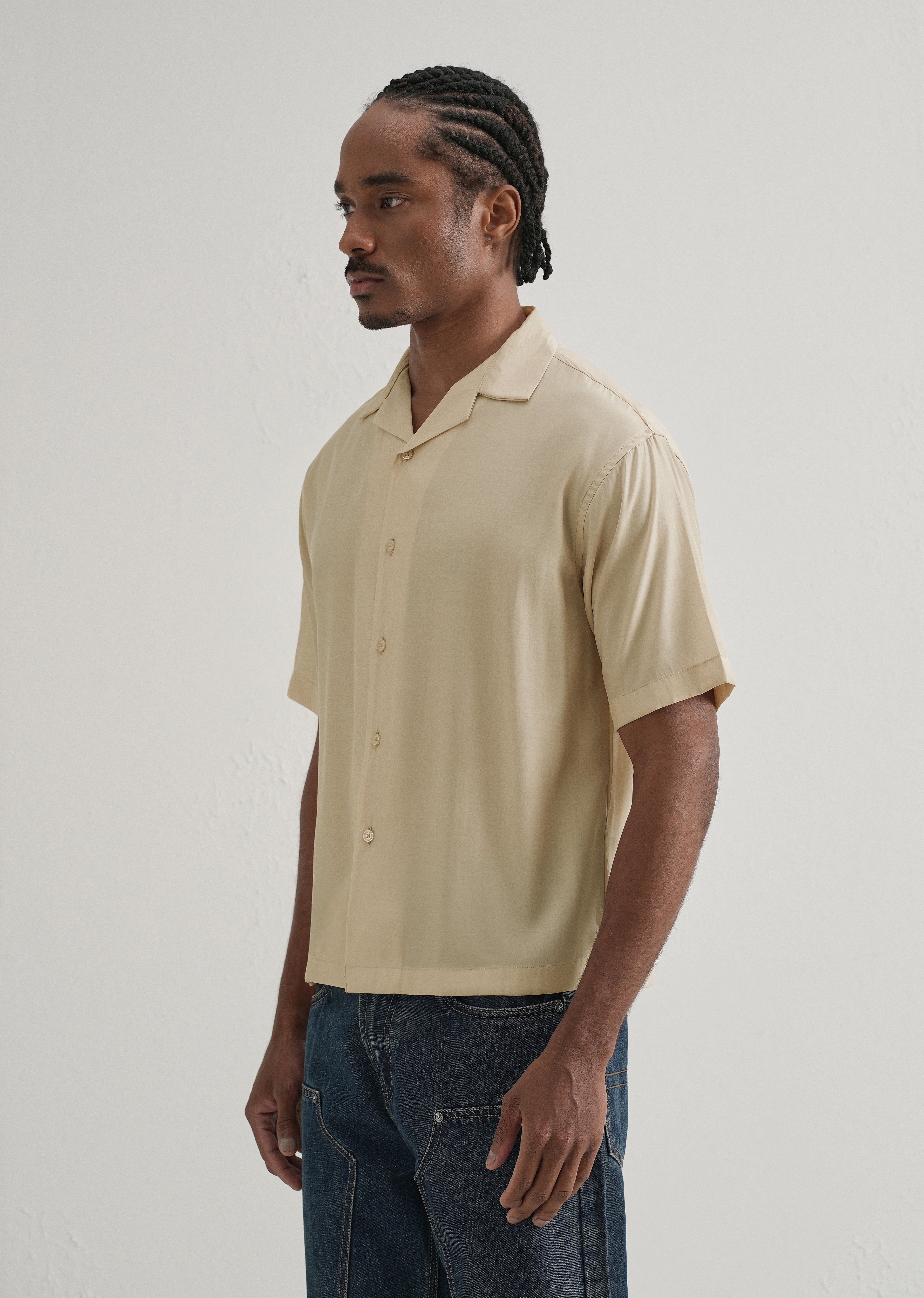 Beige Plain Sheen Cuban Collar Shirt