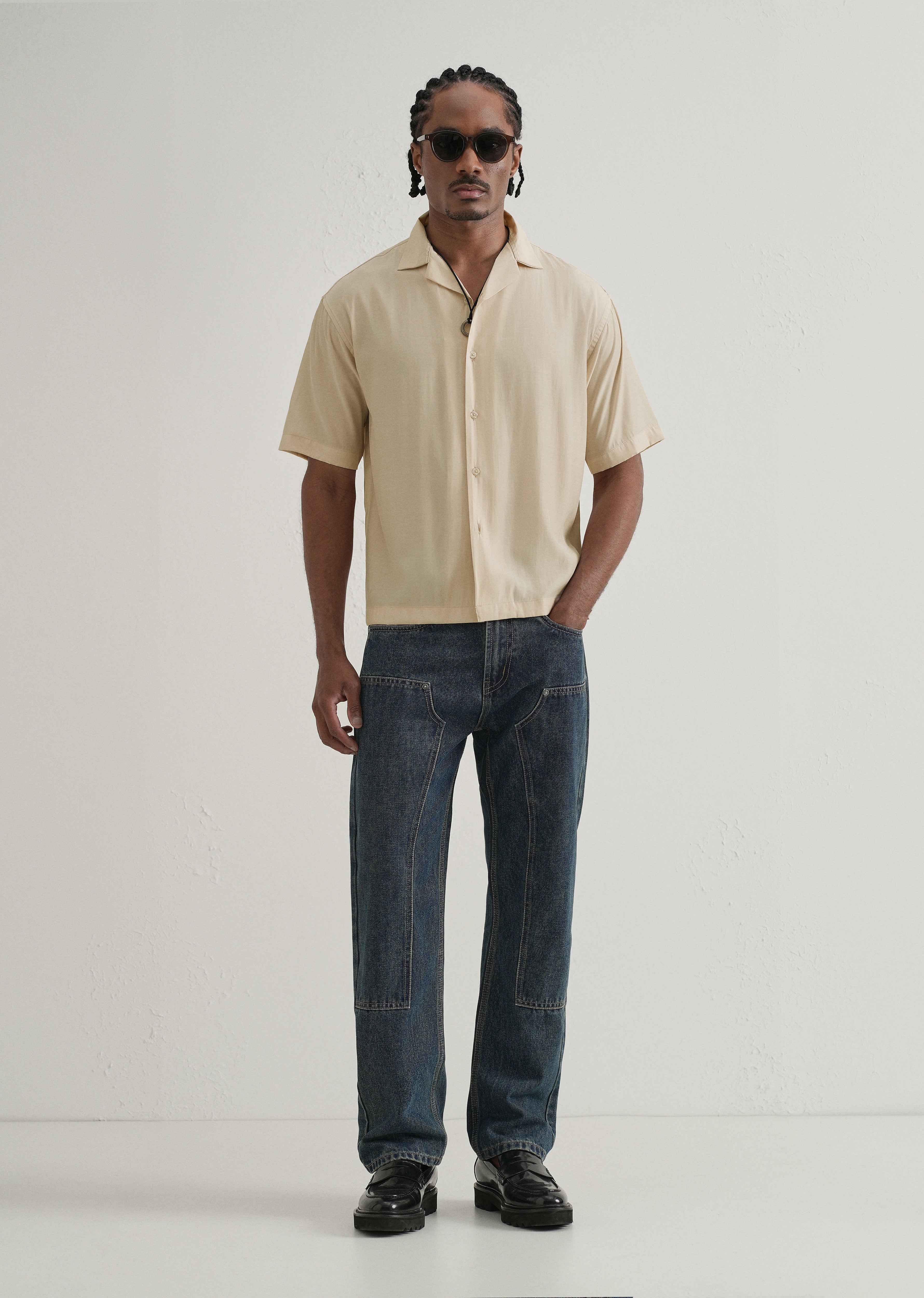 Beige Plain Sheen Cuban Collar Shirt